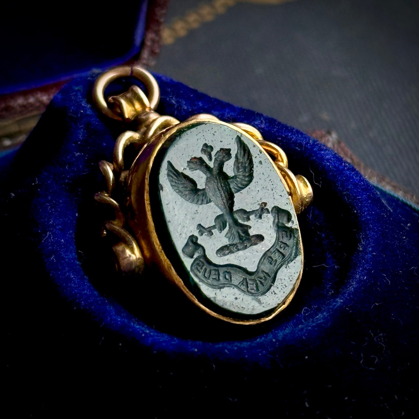 Antique Bloodstone Intaglio Fob in 9 Carat Gold; Circa 1900