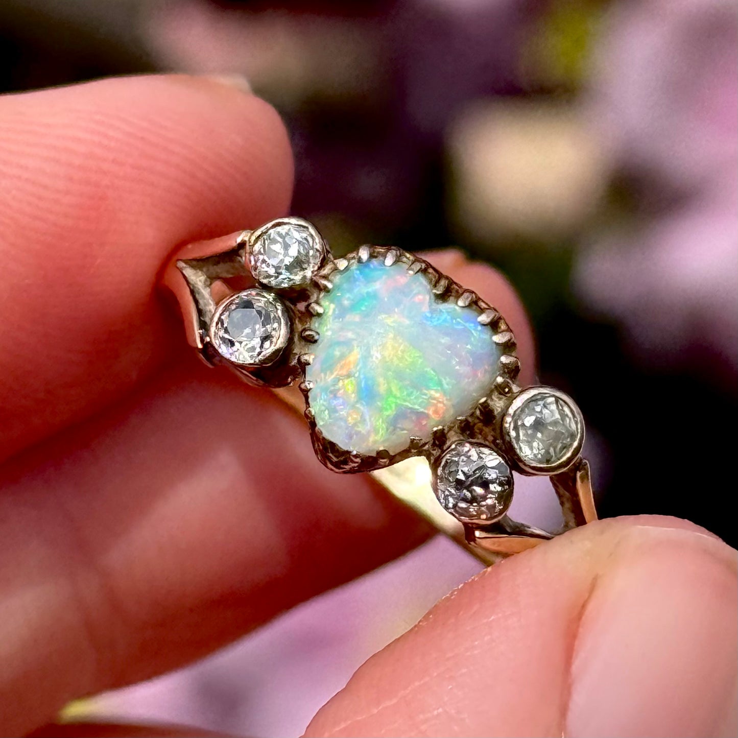 Antique Victorian Heart Opal Diamond Ring in 18 Carat Gold