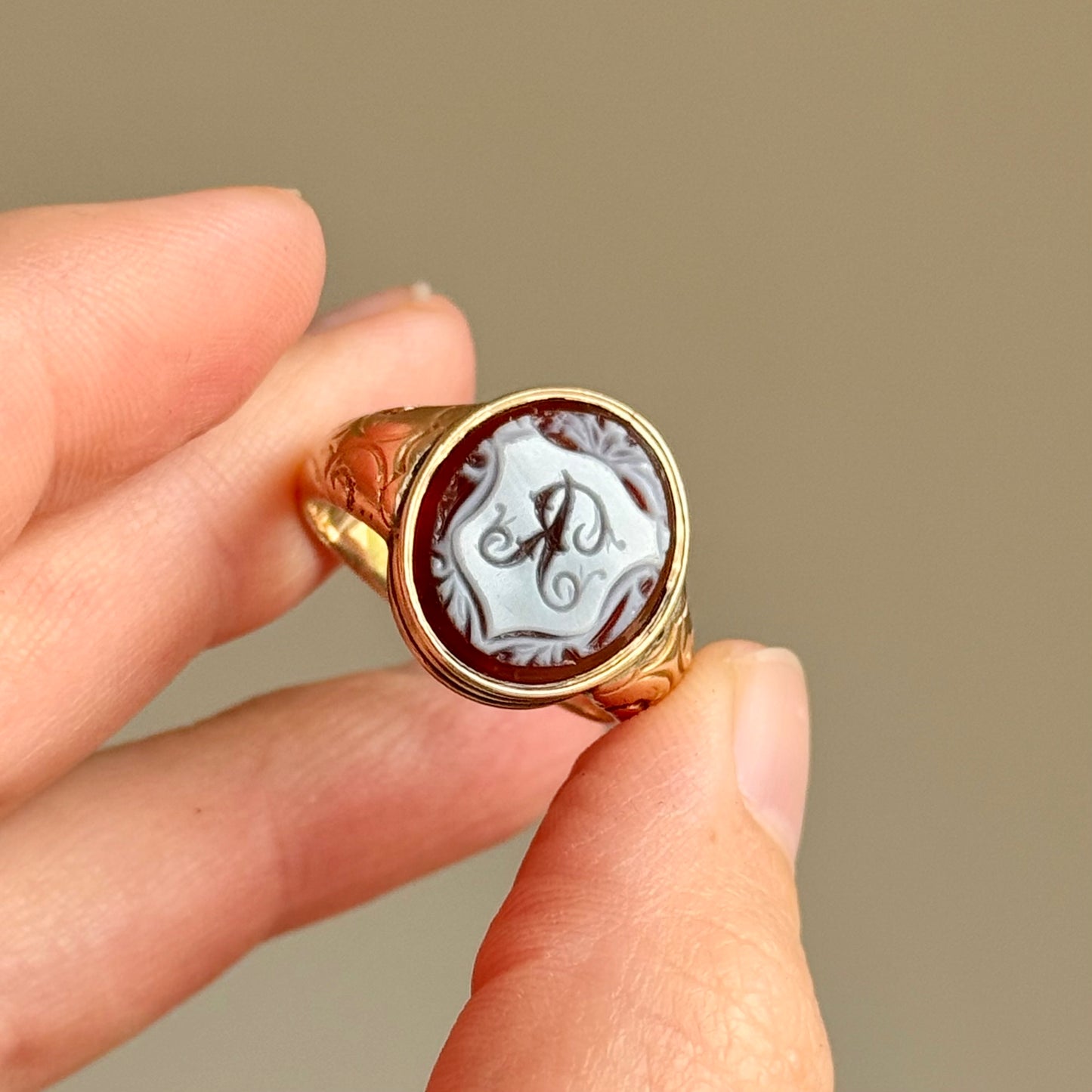 Antique Sardonyx 'R' Ring in 9 Carat Gold; Circa 1880