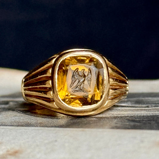 Antique Victorian Tourmaline Signet Ring  with Arabic Inscription in 18 Carat  Gold; Circa 1899