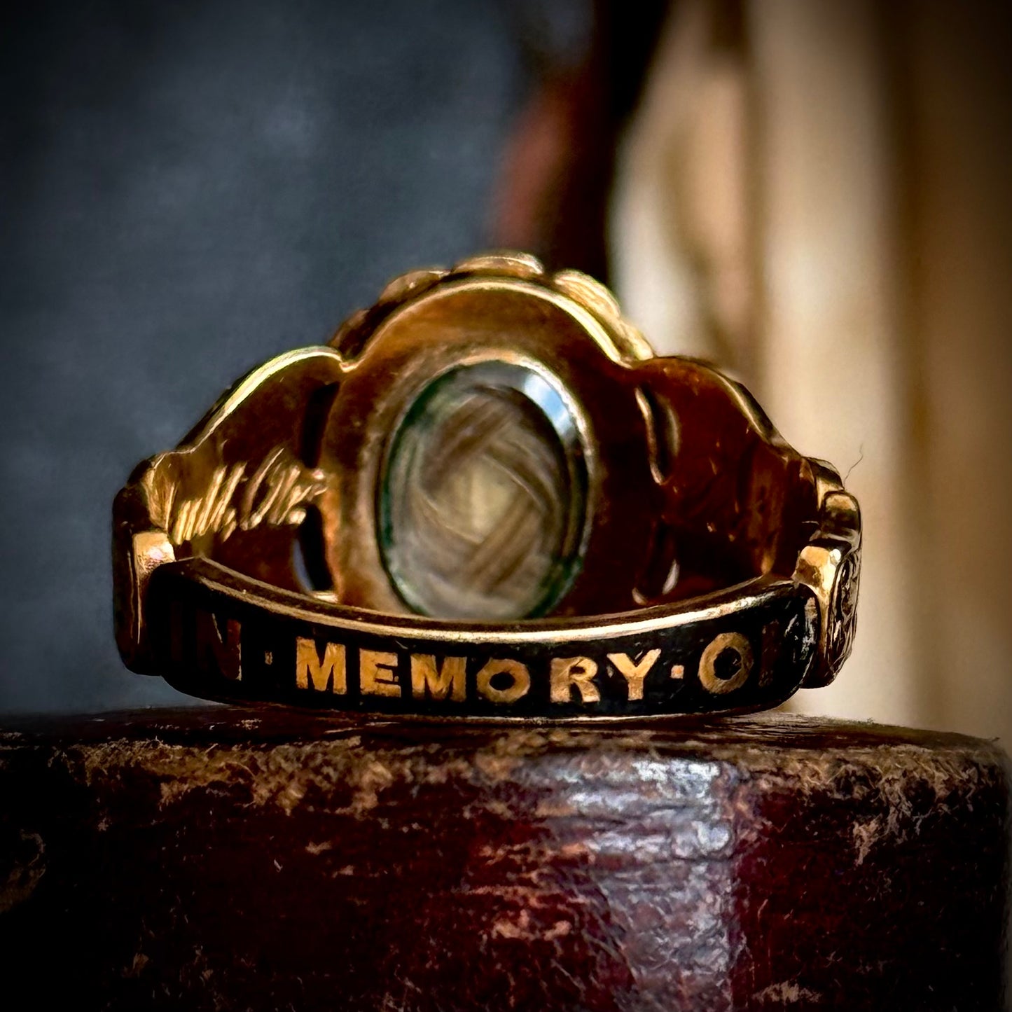 Antique Forget Me Not Mourning Ring in 18 Carat Gold; Circa 1851