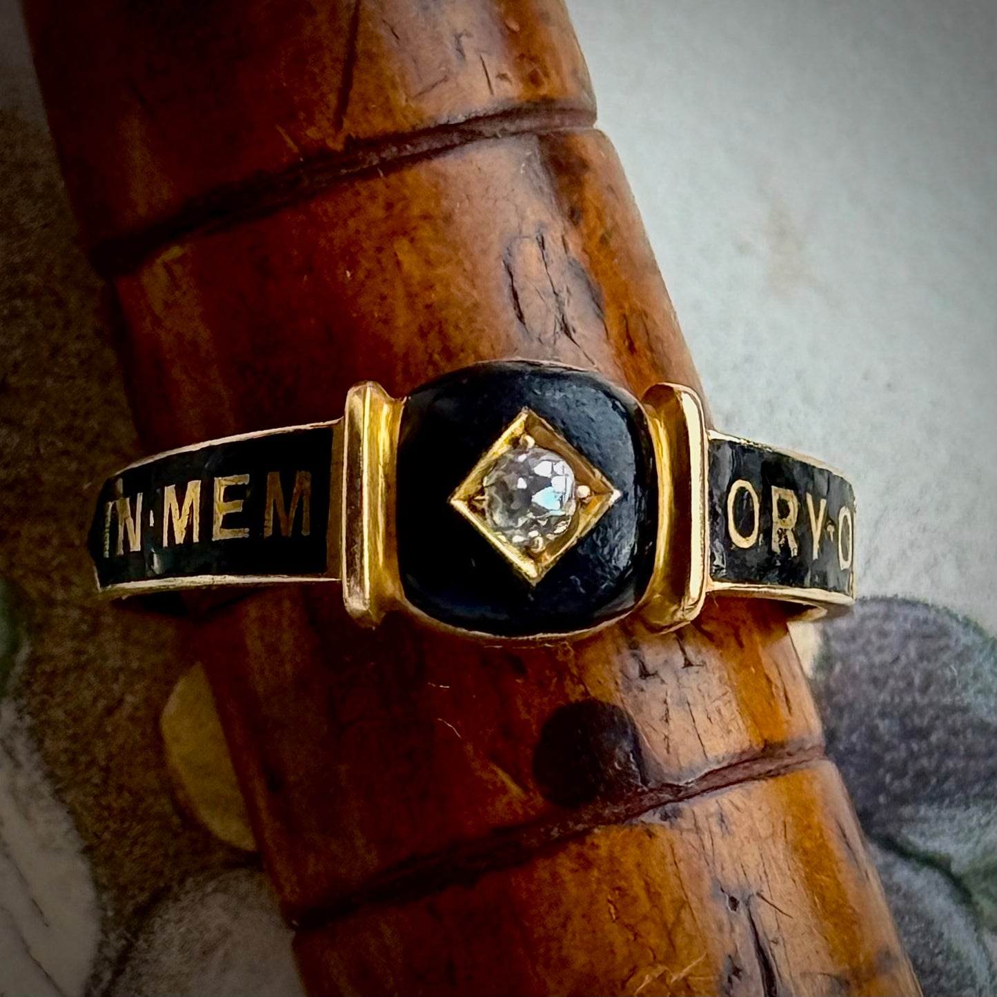 Antique Victorian Diamond Enamel Mourning Ring in 18 Carat Gold; Circa 1894
