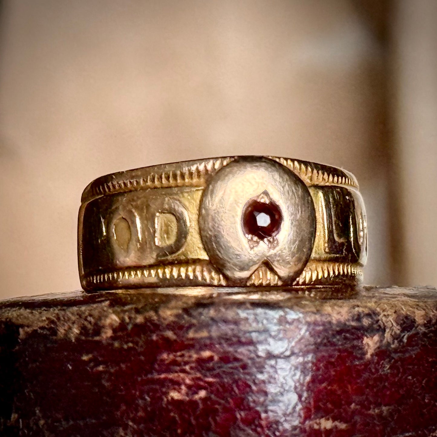Antique Victorian Good Luck Garnet Ring in 18 Carat Gold; Circa 1855