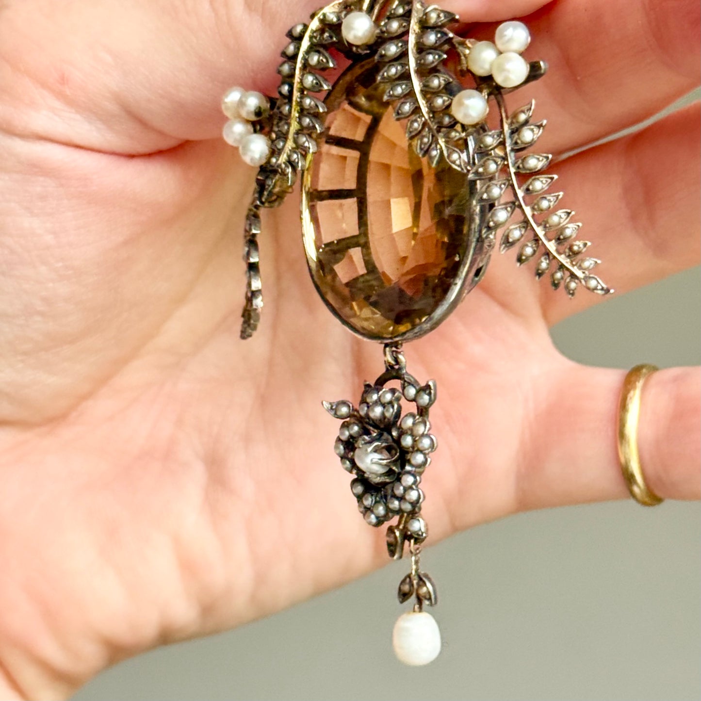 Antique Citrine & Pearl Pendant in Silver & Gold