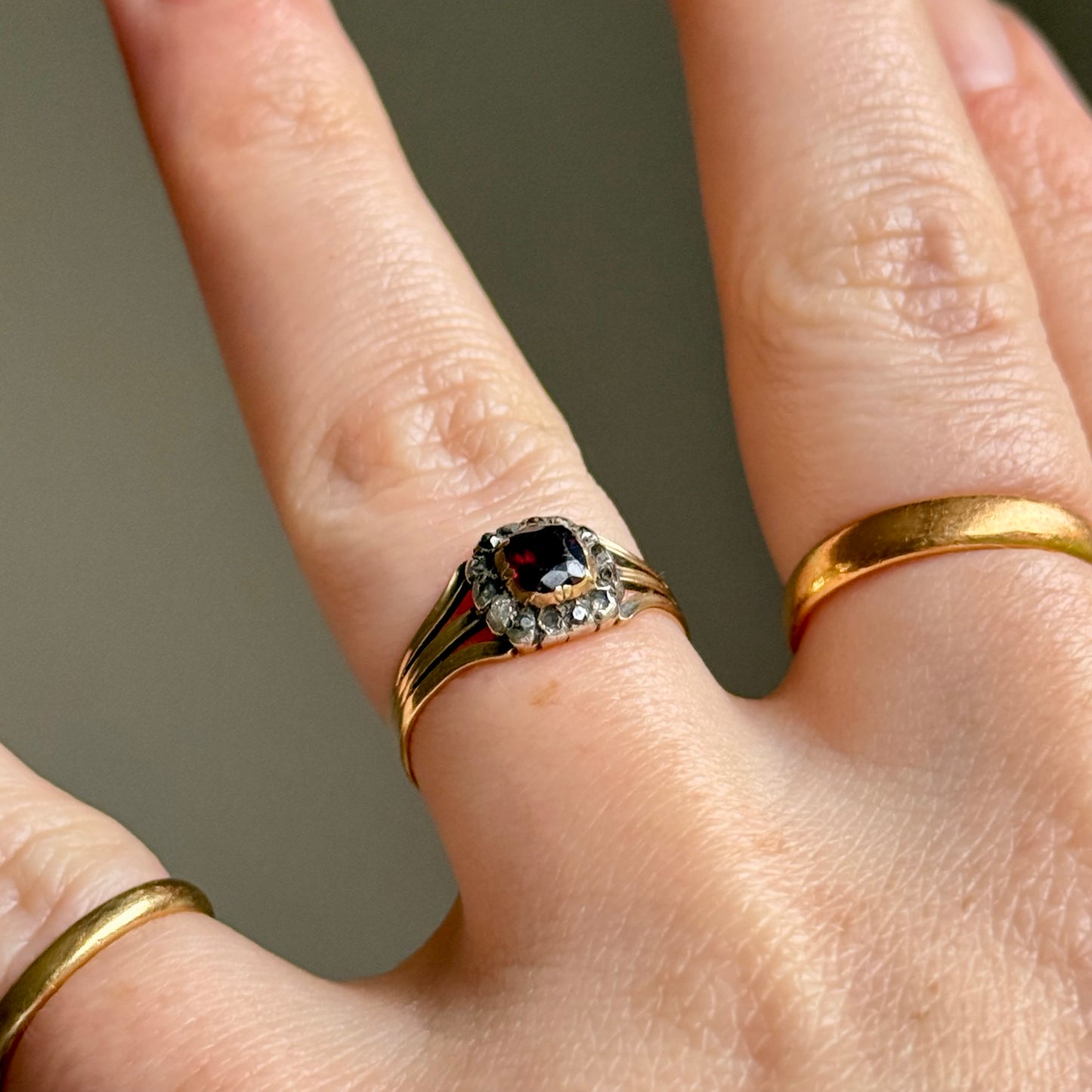 Antique Georgian Garnet & Diamond Ring in 15 Carat Gold; Circa 1830