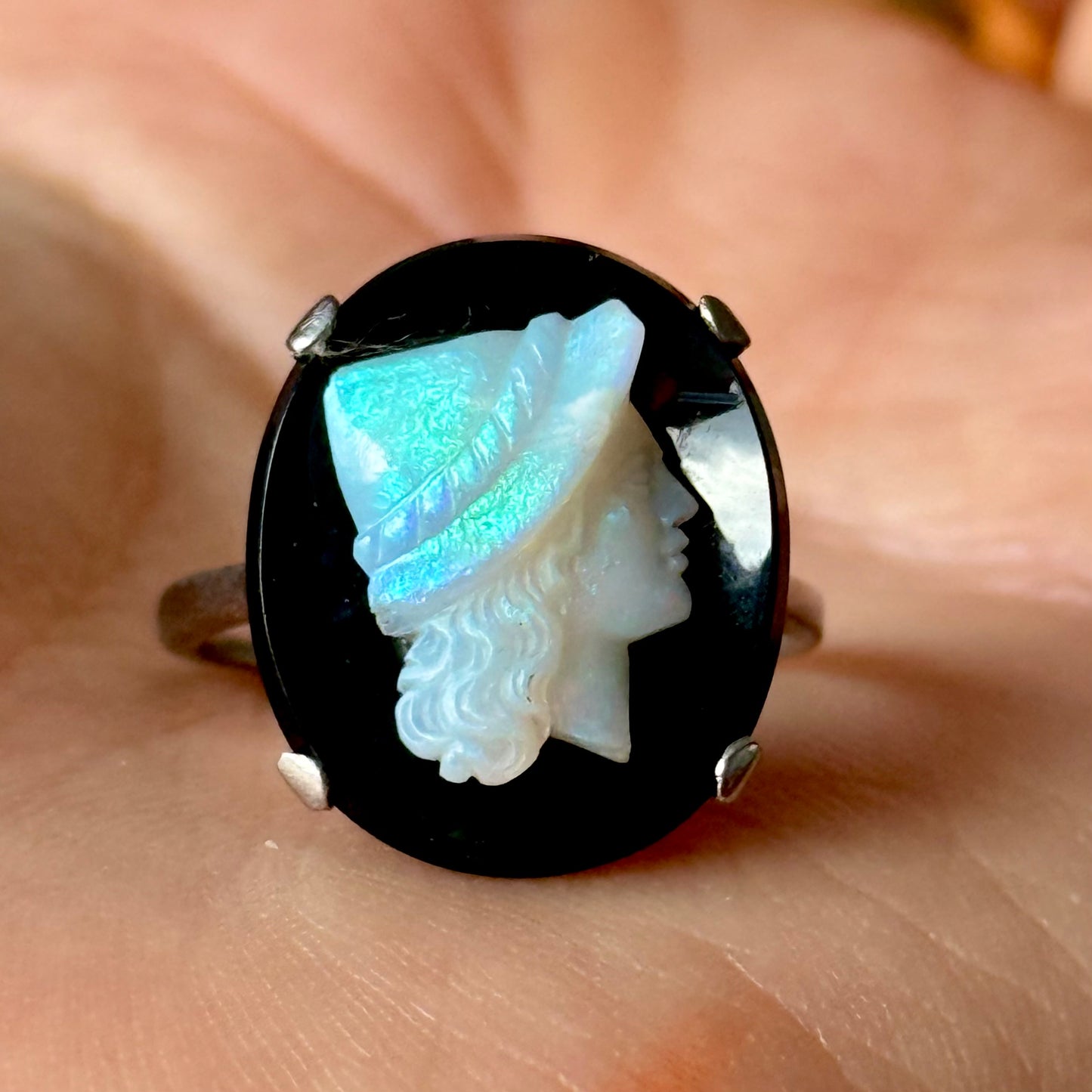 Antique Opal & Onyx Cameo ring in Platinum & Gold; Circa 1910