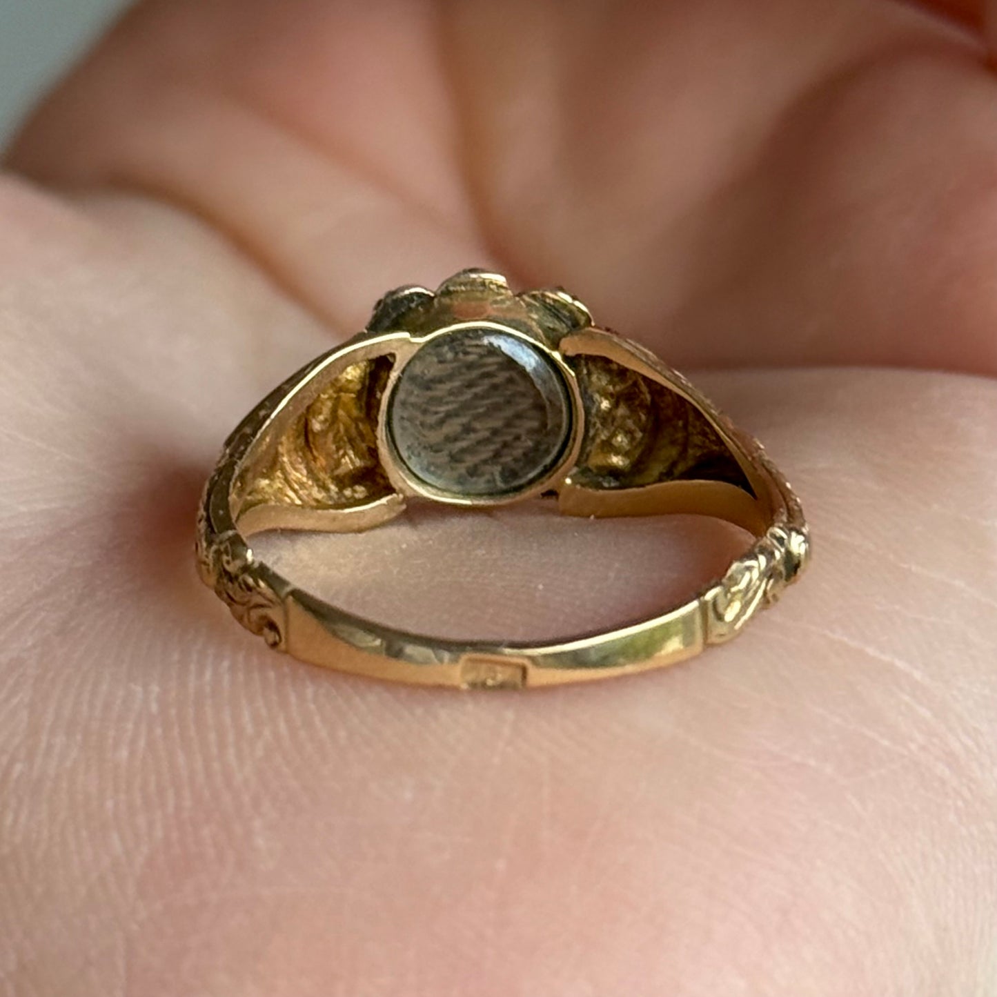 Victorian Rhodolite Garnet & Pearl Sentimental Ring in 18 Carat Gold; Circa 1880