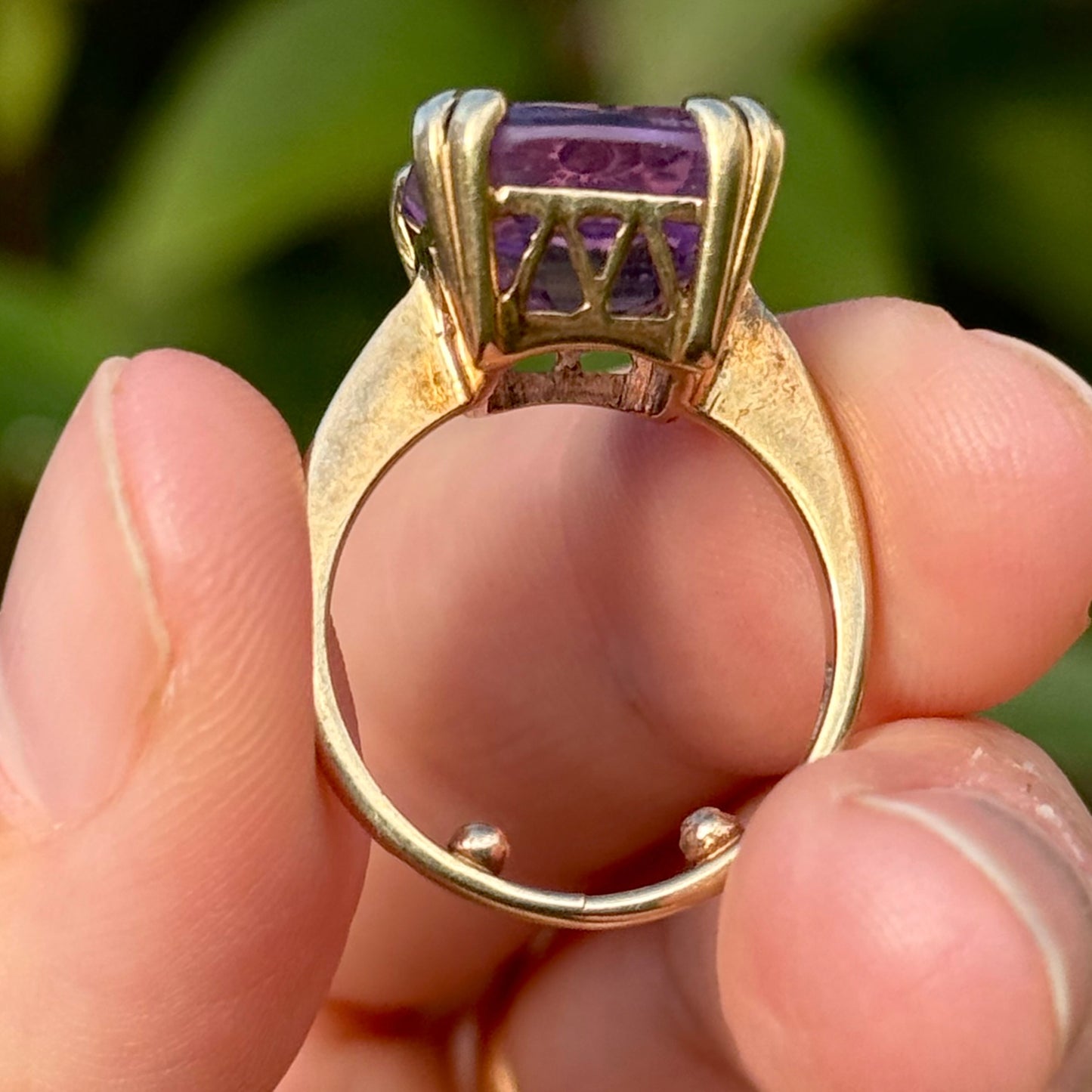 Vintage Amethyst Intaglio “May It Watch Over You” Ring in 9 Carat Gold