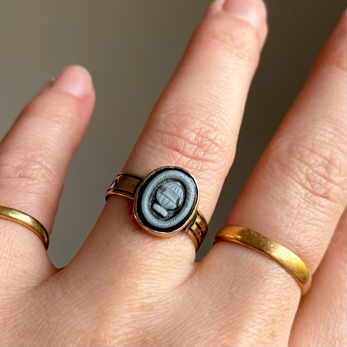 Antique Victorian Sardonyx Urn Mourning Ring in 9 Carat Gold