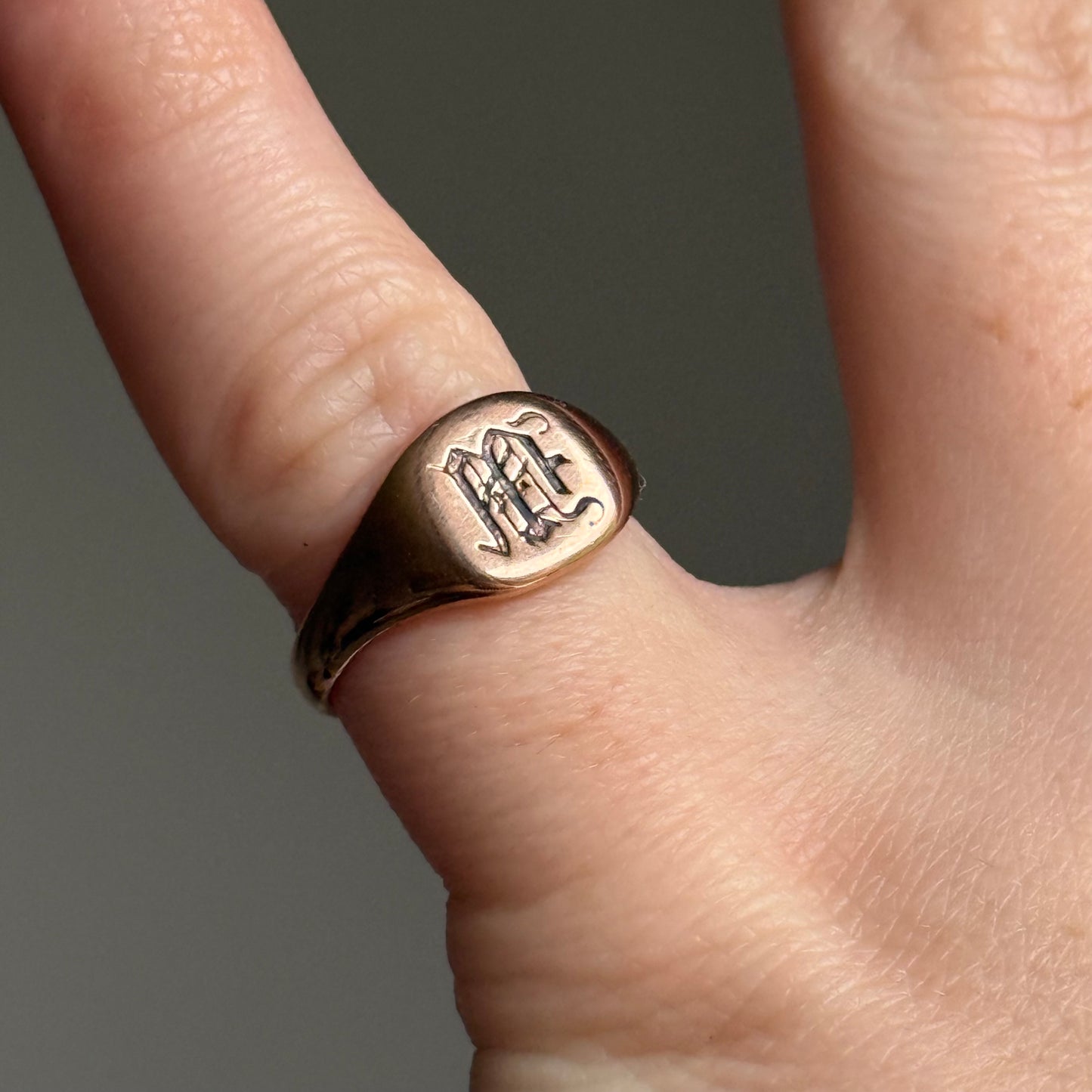 Antique Monogram 'M' Signet Ring in 9 Carat Rose Gold; Circa 1919