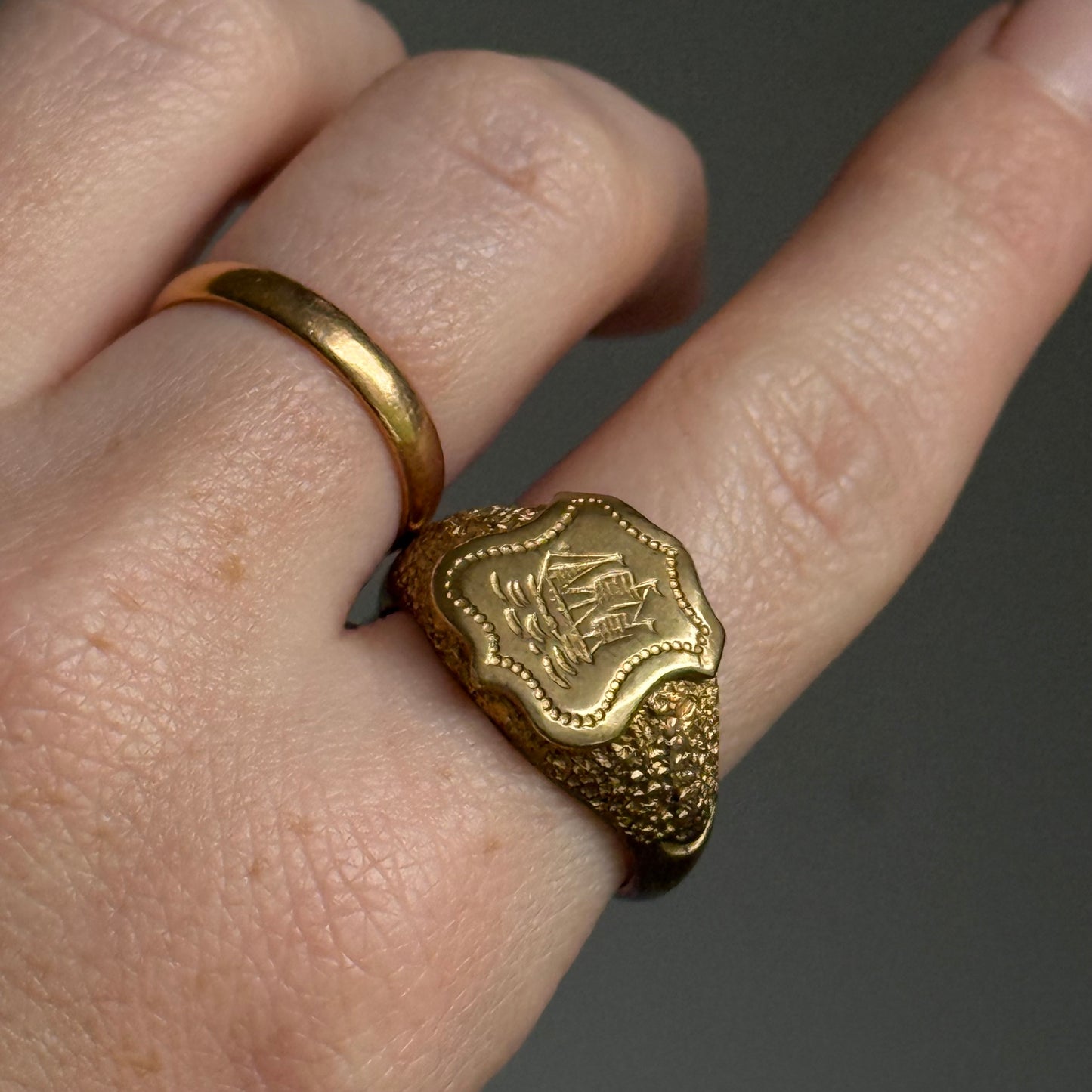Victorian Heavy Nautical Ship Intaglio Signet ring; Circa 1885