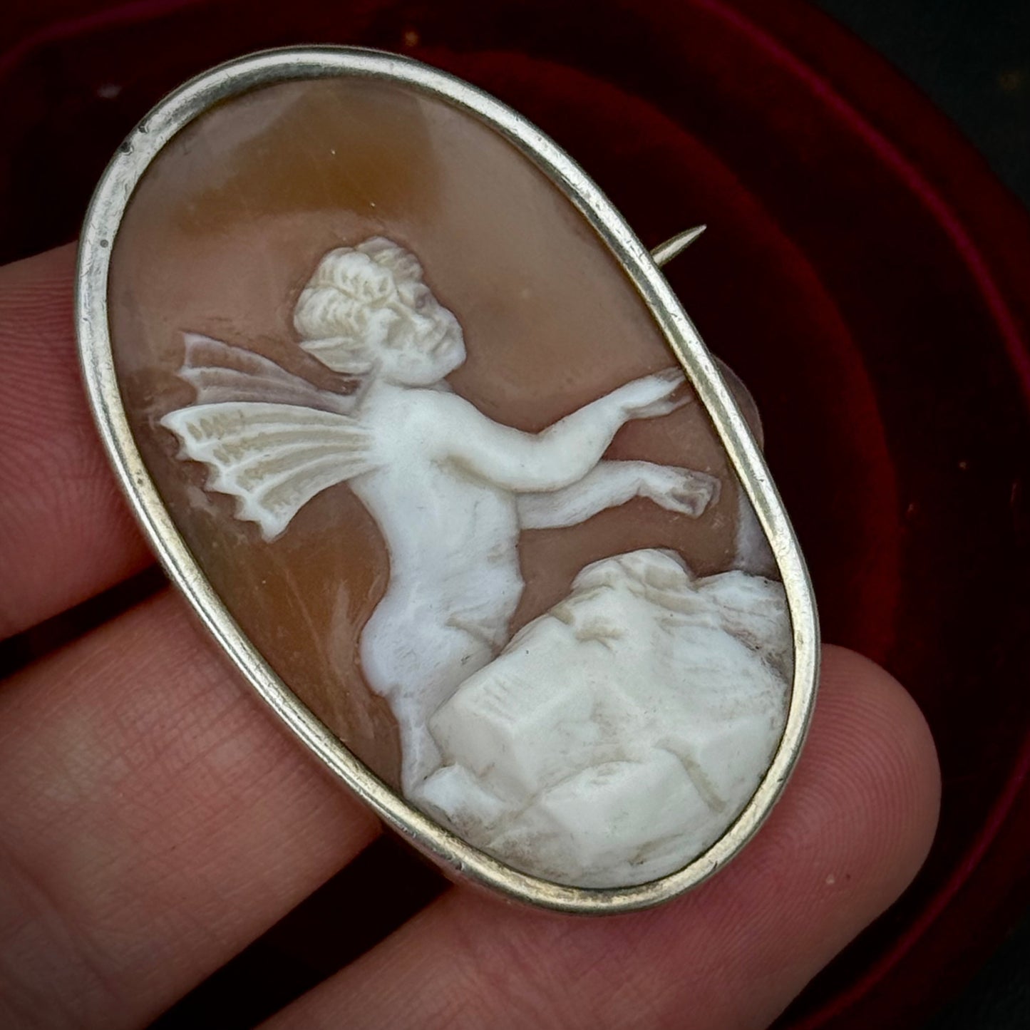 Antique Devilish Imp Cameo Brooch; Circa 1890