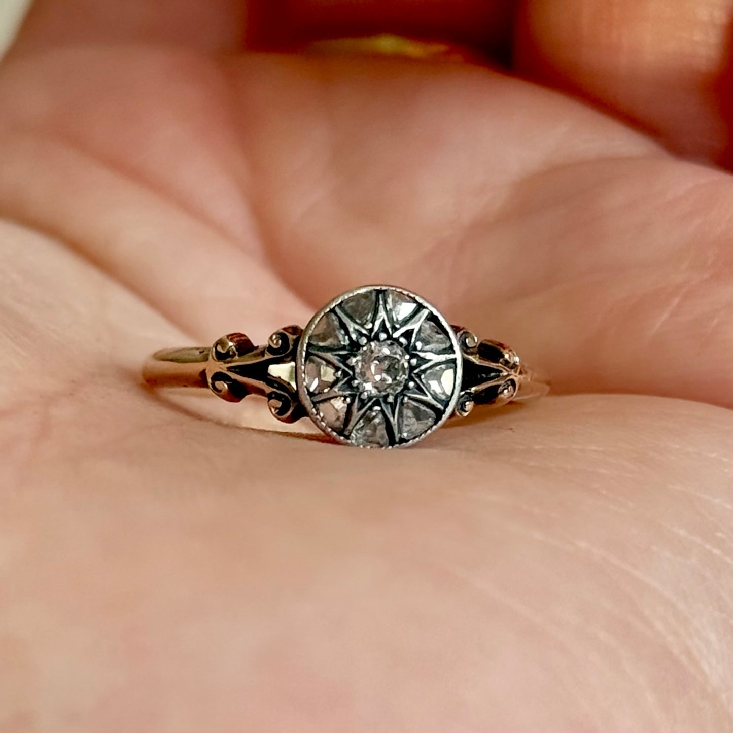Antique Rose Cut Diamond Cluster Ring in 18 Carat Gold; Circa 1880