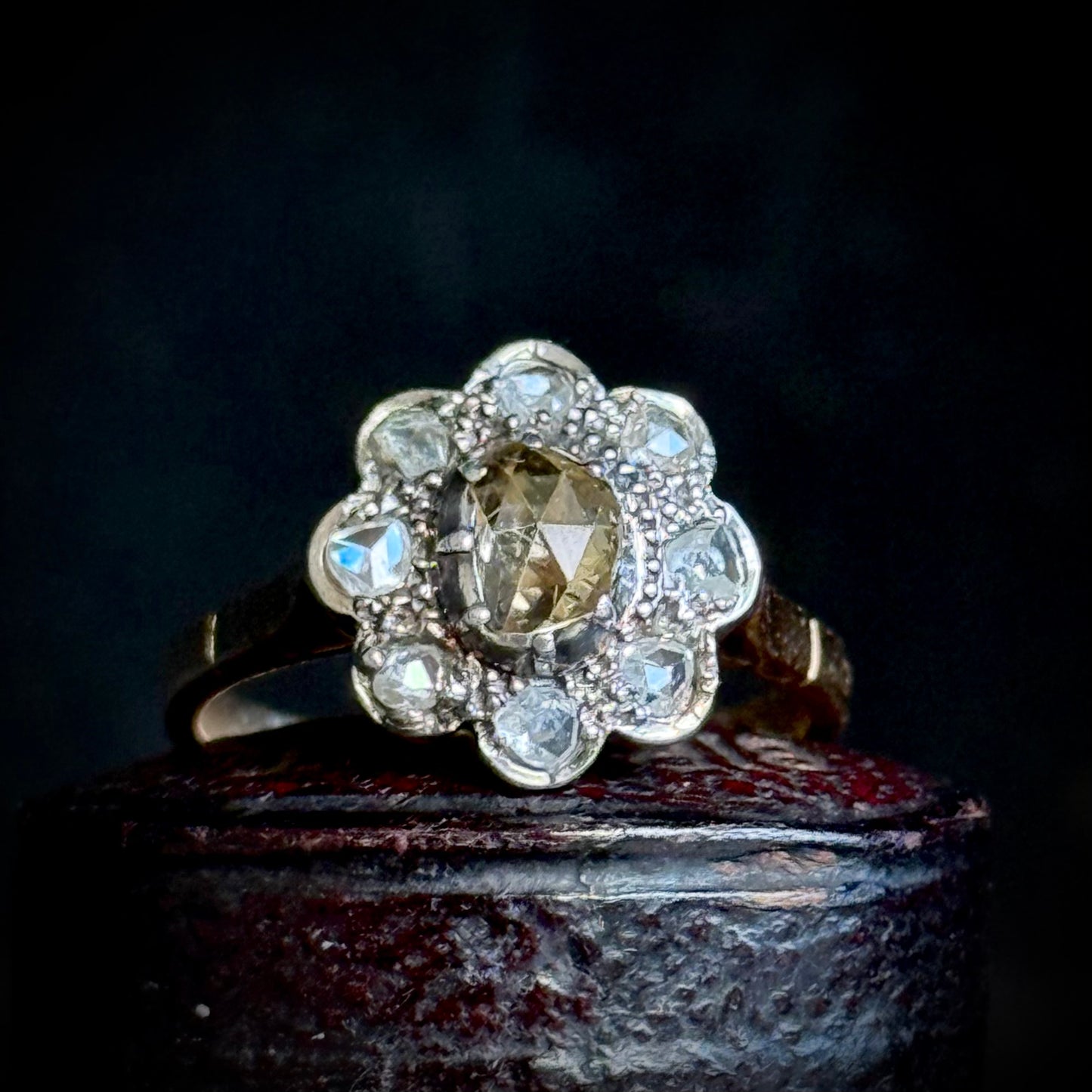 Antique Rose Cut Cluster Ring in 14 Carat Gold; Circa 1880