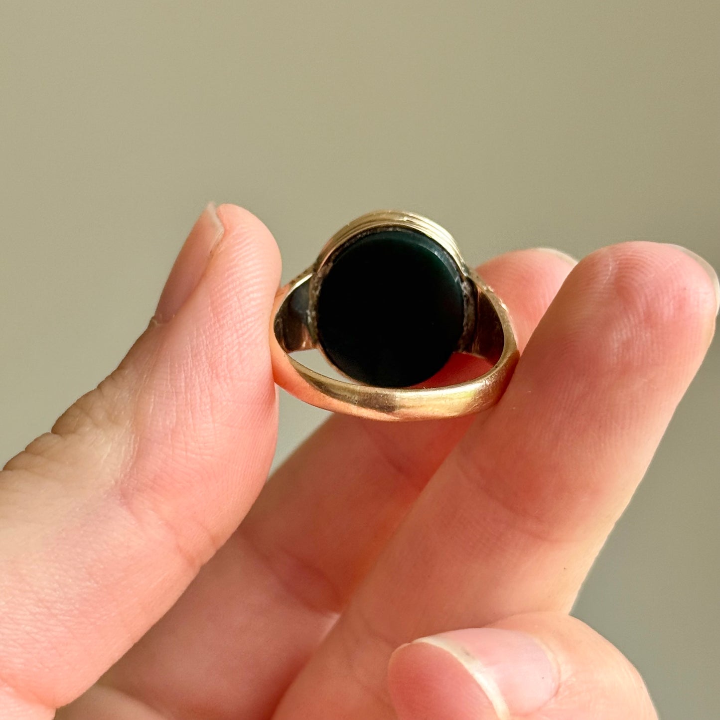 Antique Sardonyx 'R' Ring in 9 Carat Gold; Circa 1880