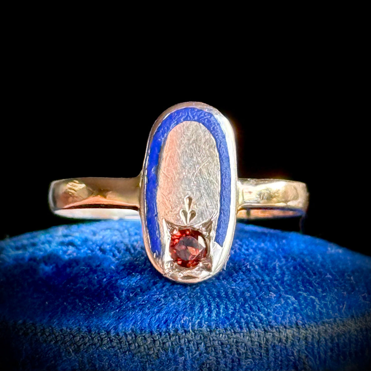 Antique Garnet & Enamel Ring in 9 Carat Gold; Circa 1910