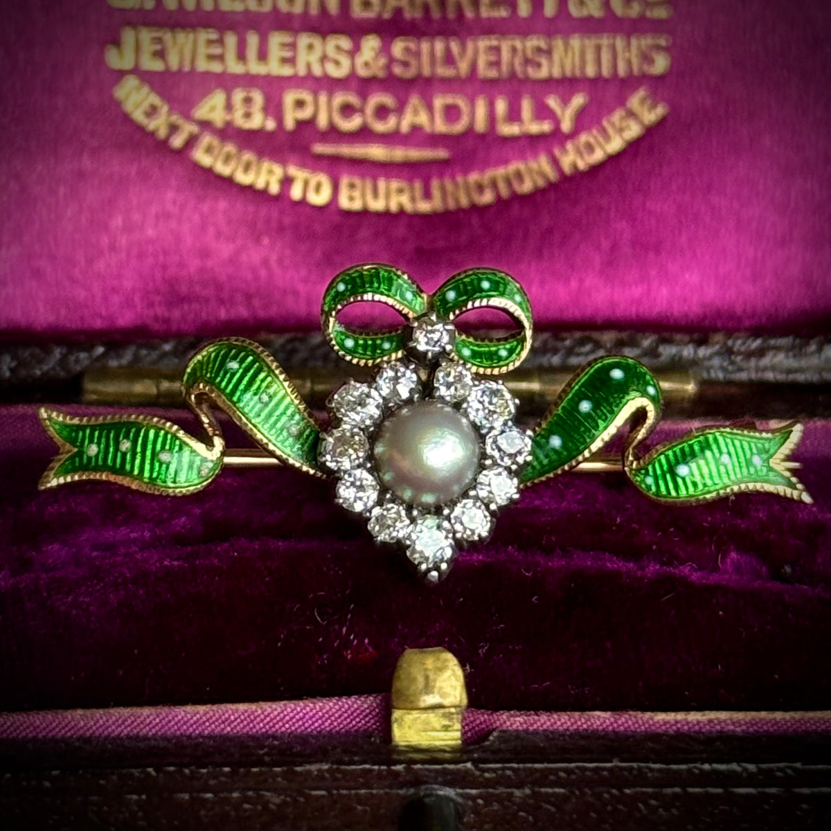 Victorian Boxed Enamel, Pearl & Diamond Brooch in 15 Carat Gold; Circa 1890