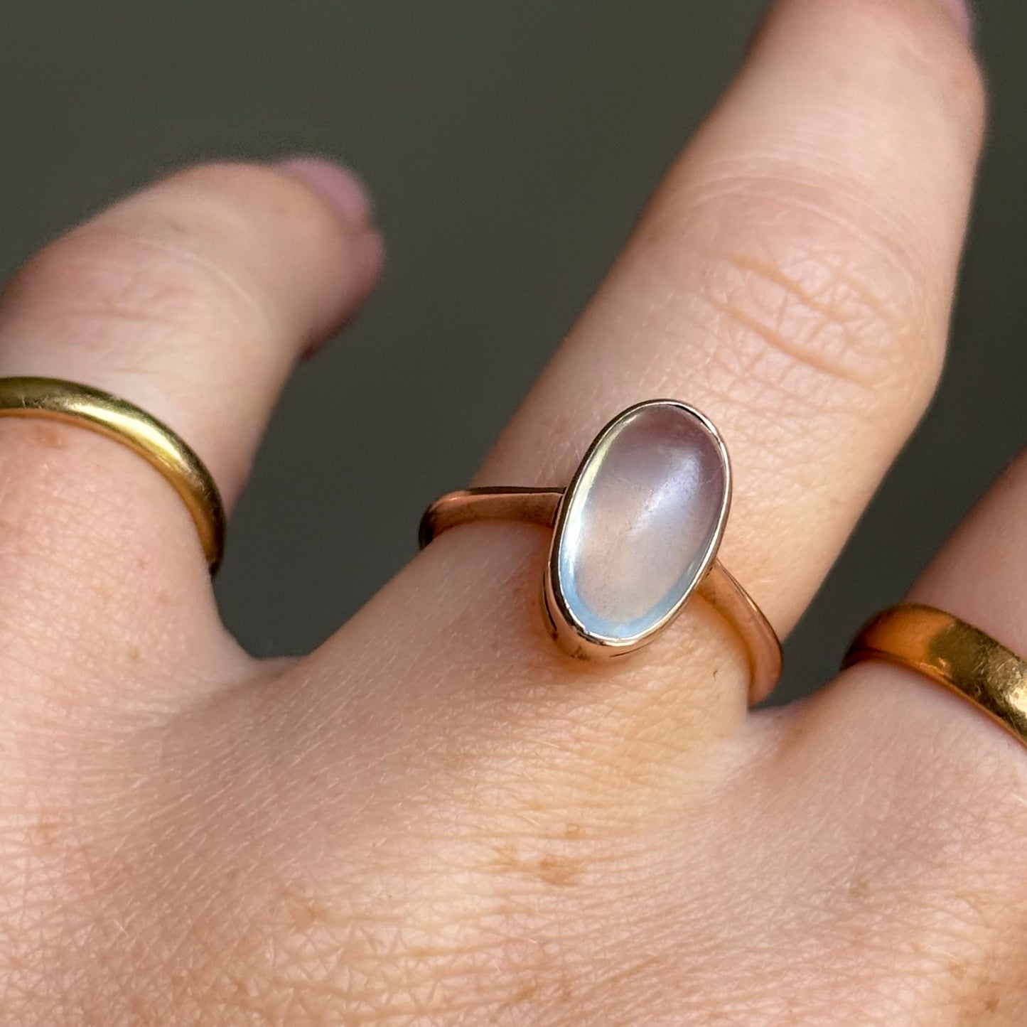 Edwardian Moonstone ring in 9 Carat Rose Gold; Circa 1880