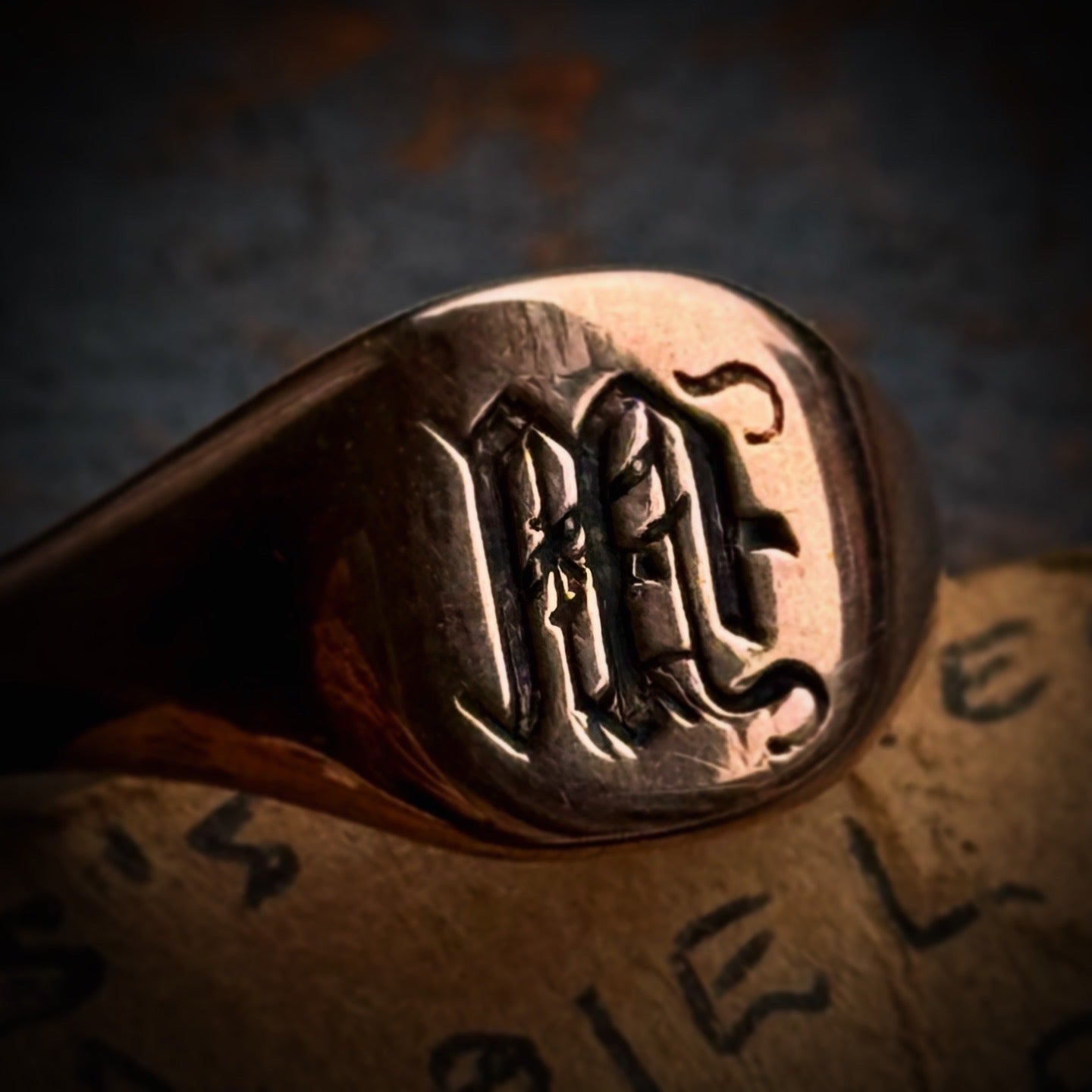 Antique Monogram 'M' Signet Ring in 9 Carat Rose Gold; Circa 1919