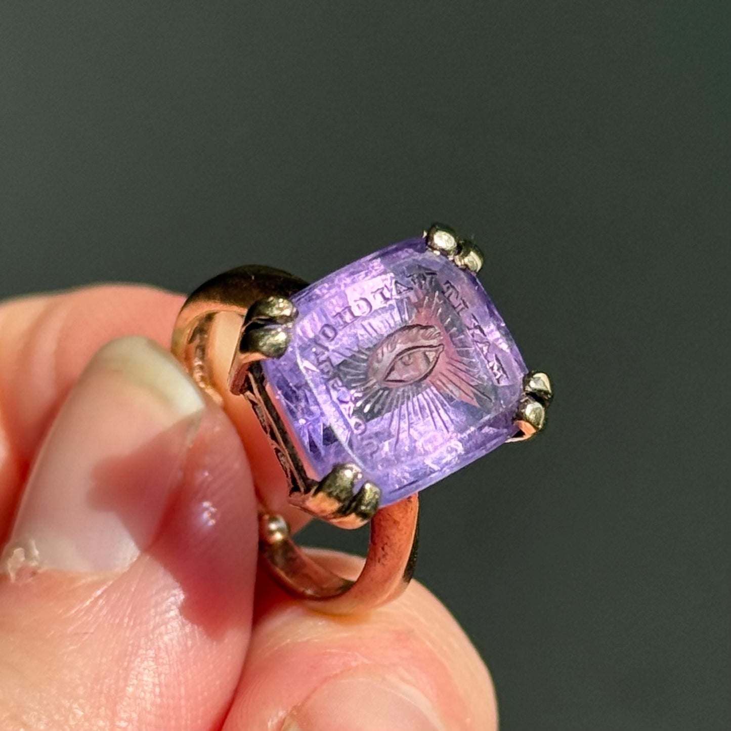 Vintage Amethyst Intaglio “May It Watch Over You” Ring in 9 Carat Gold