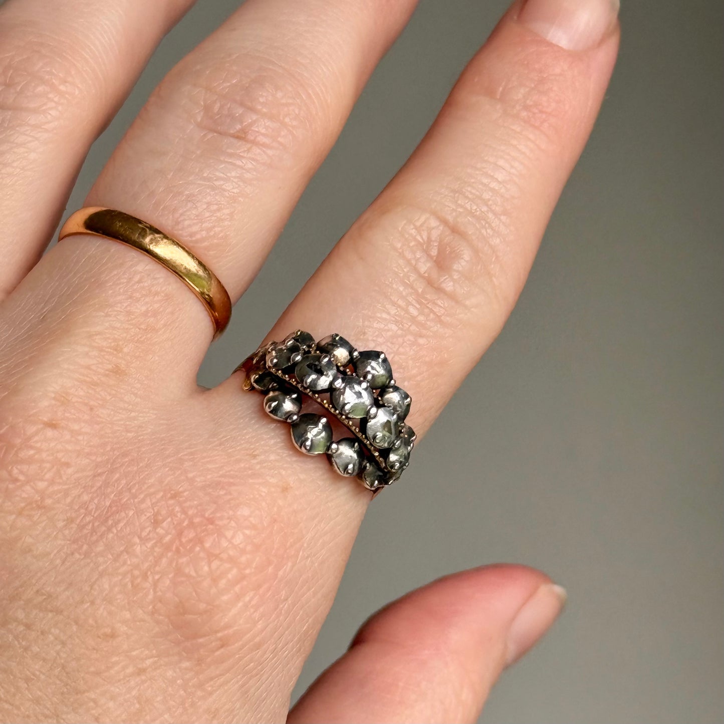 Antique Georgian Rose Cut Diamond Ring Gold and Silver; Circa 1820