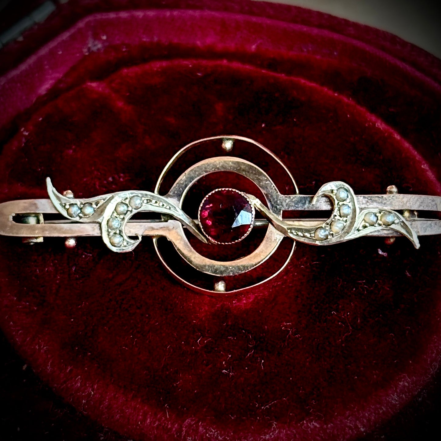 Antique Garnet & Pearl Brooch; Circa 1900