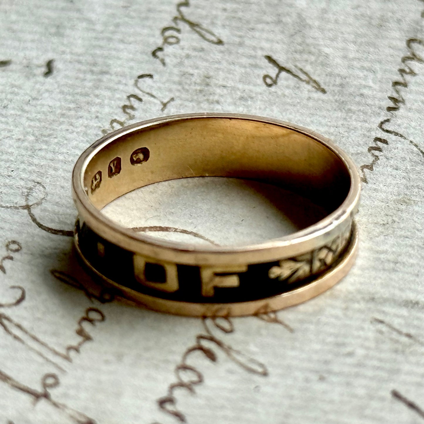 Antique Victorian Enamel Mourning Ring in 9 Carat Gold; Circa 1873