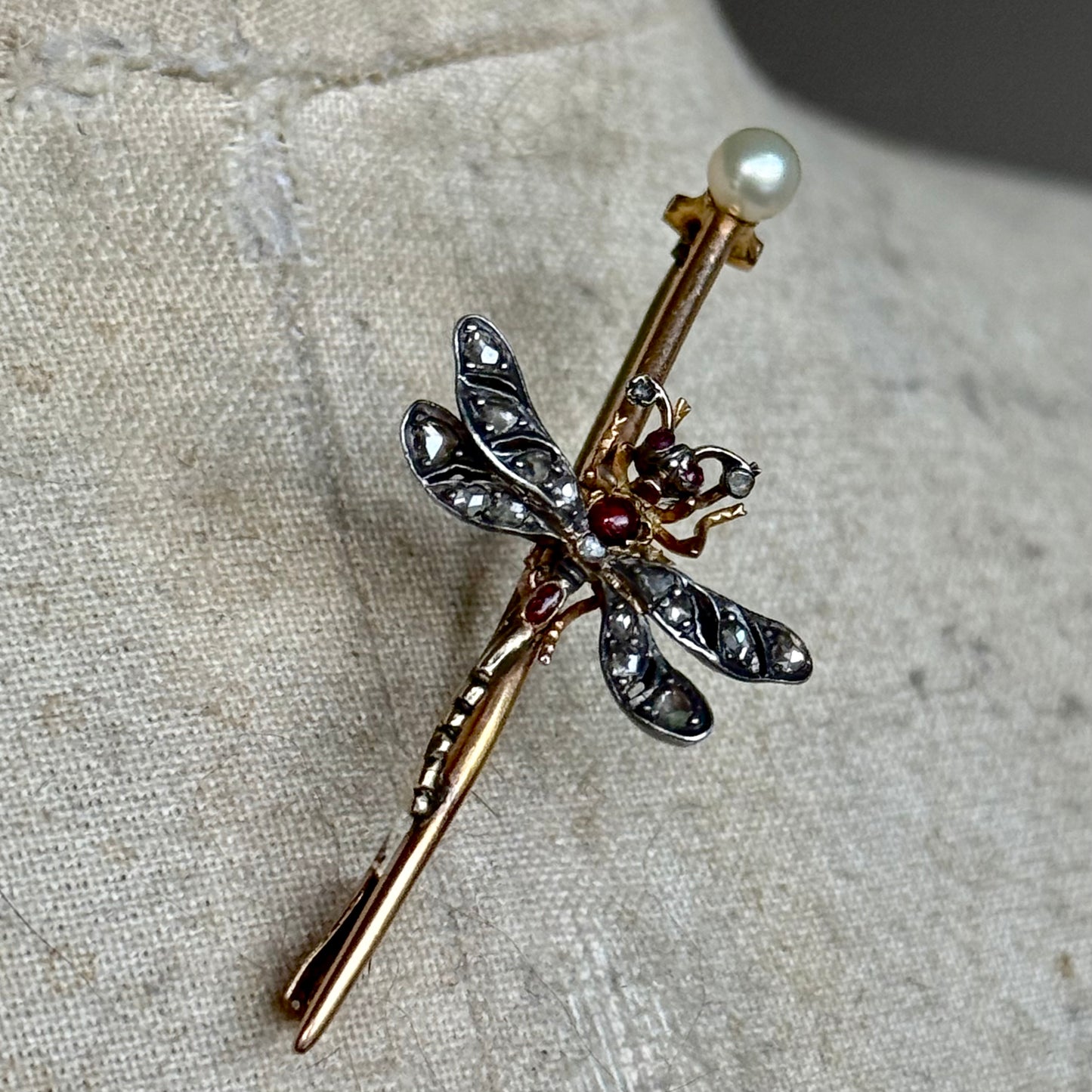 Victorian Diamond, Garnet & Pearl Dragonfly Brooch; Circa 1890