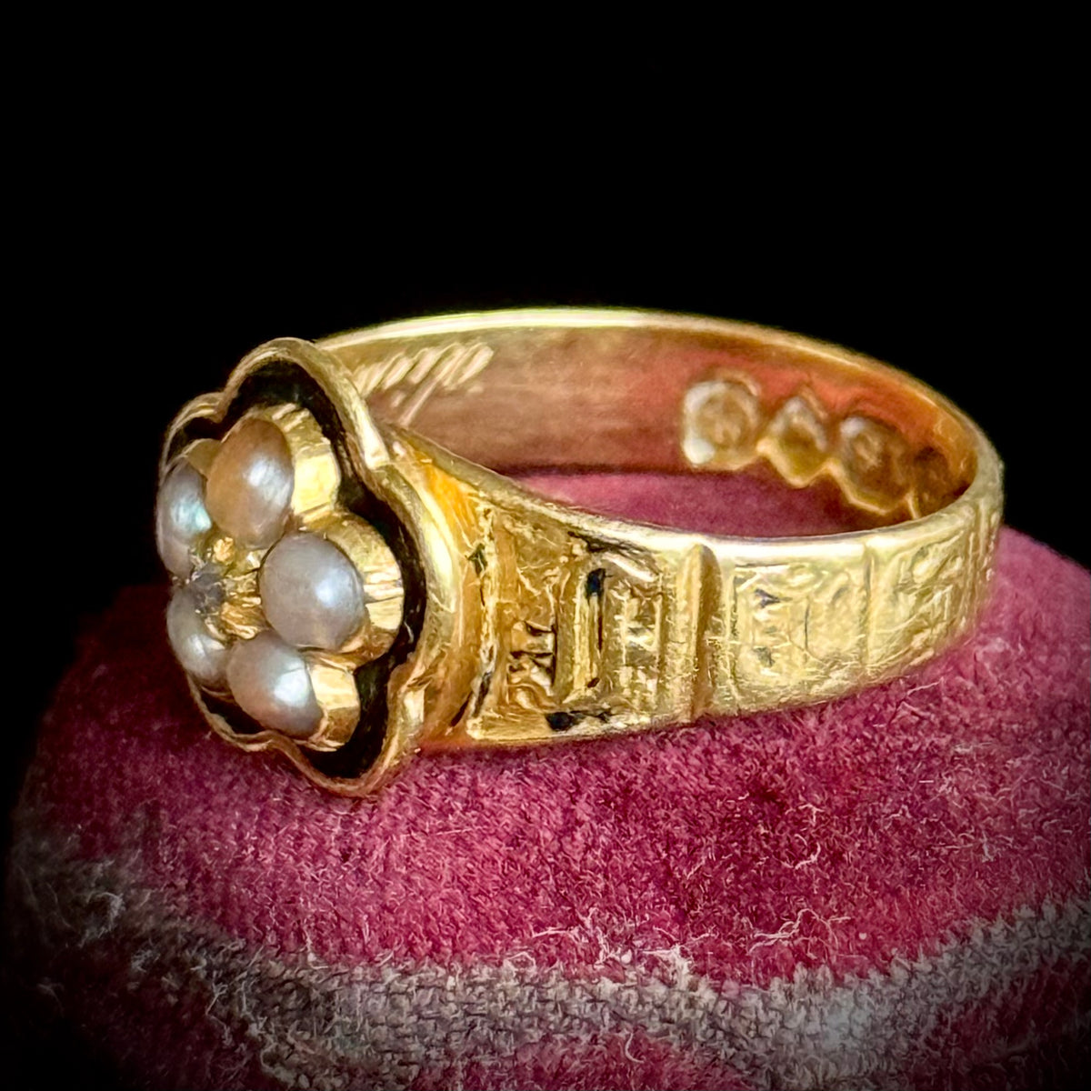 Victorian Diamond & Pearl Mourning Ring in 18 Carat Gold; Circa 1838