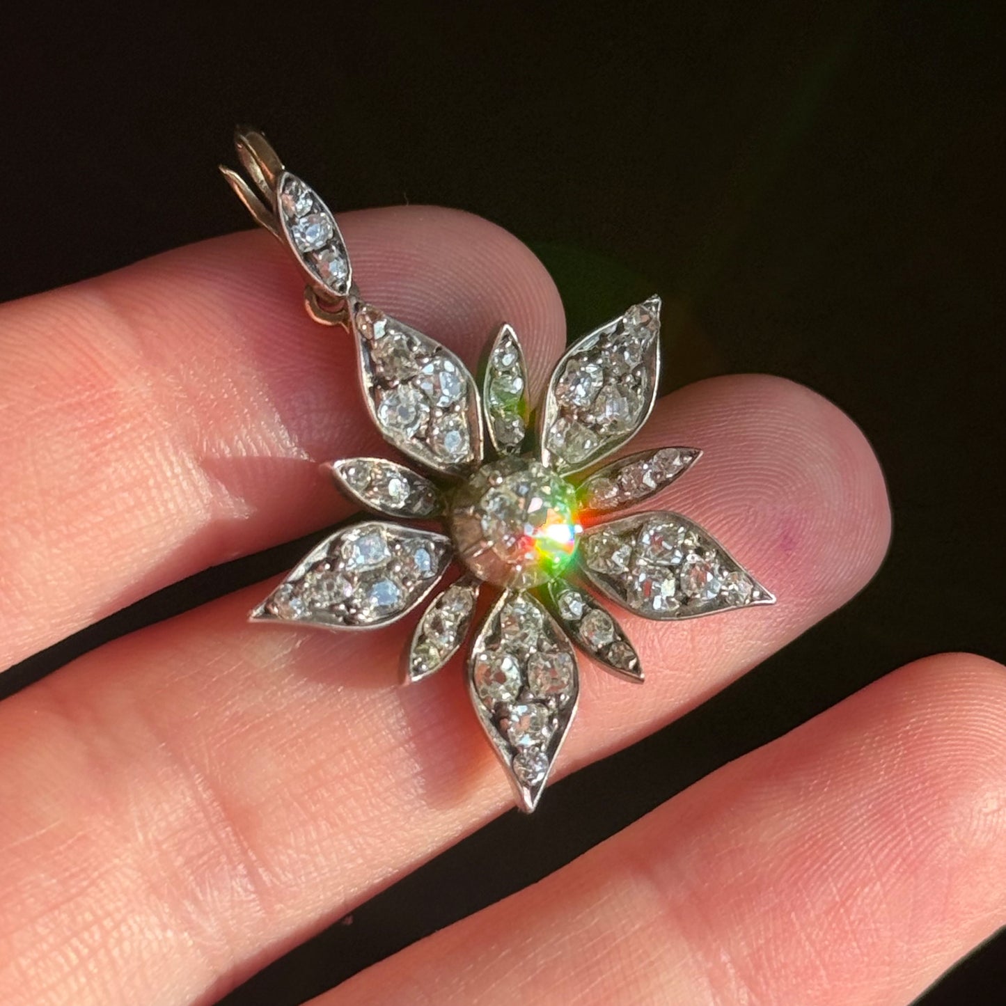 Antique Victorian Diamond Flowerhead Brooch Pendant in Original Box