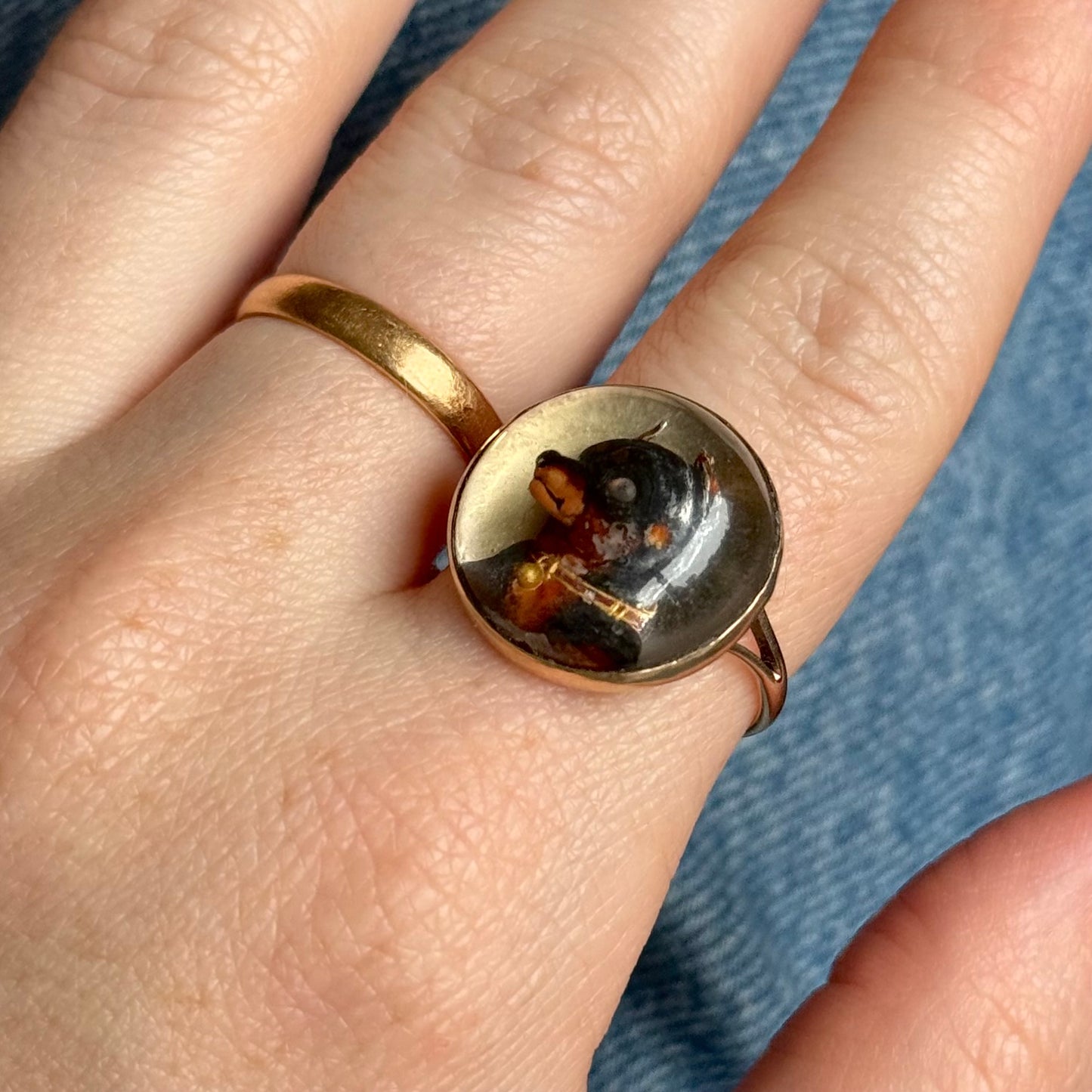 Antique Victorian Essex Crystal Reverse Painted Pinscher Dog Ring, circa 1880