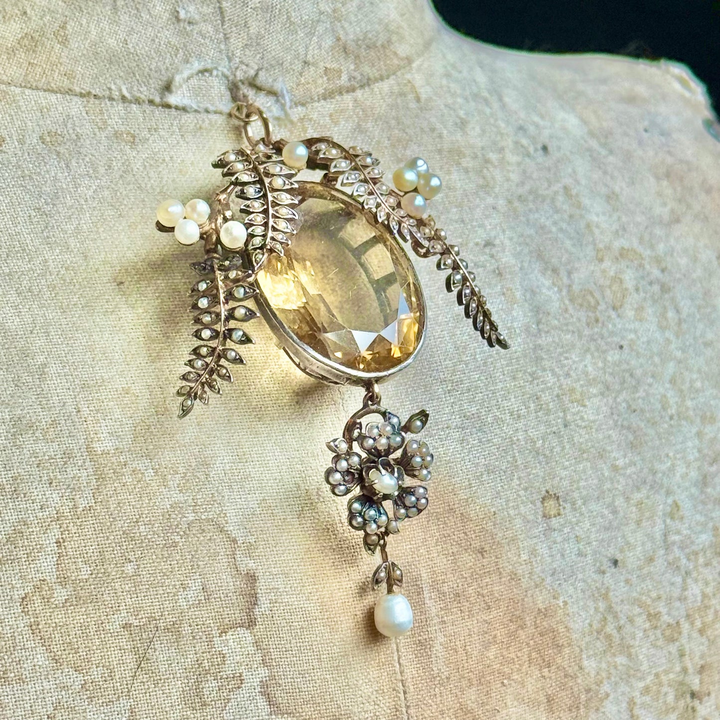 Antique Citrine & Pearl Pendant in Silver & Gold