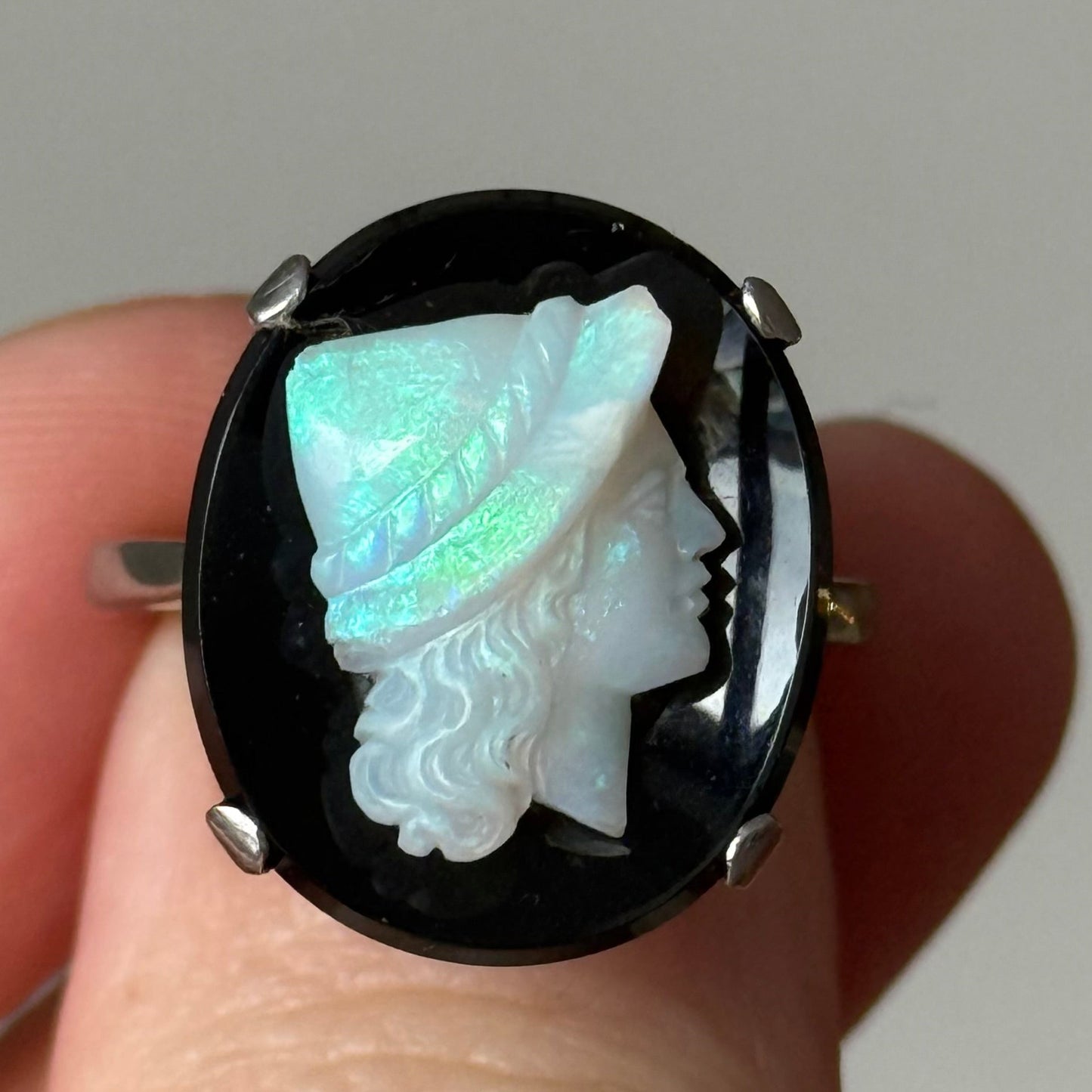 Antique Opal & Onyx Cameo ring in Platinum & Gold; Circa 1910