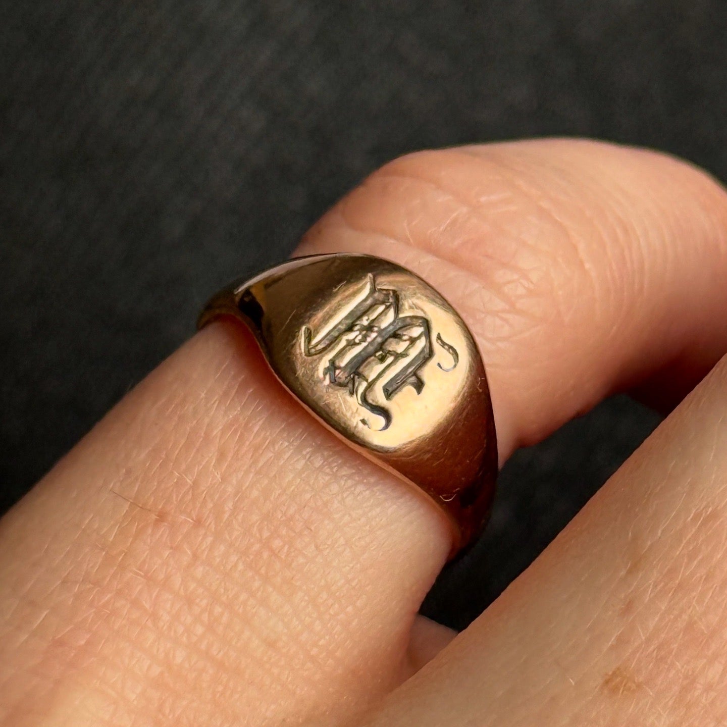 Antique Monogram 'M' Signet Ring in 9 Carat Rose Gold; Circa 1919