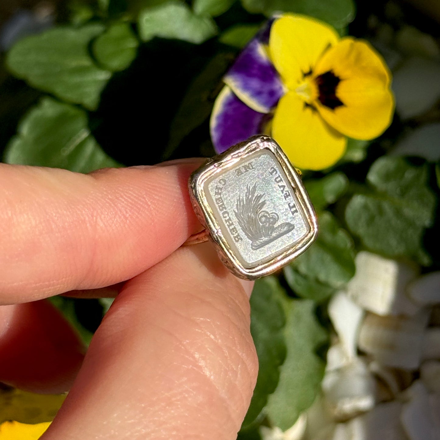 Antique French Lovers Intaglio Ring in 9 Carat Gold