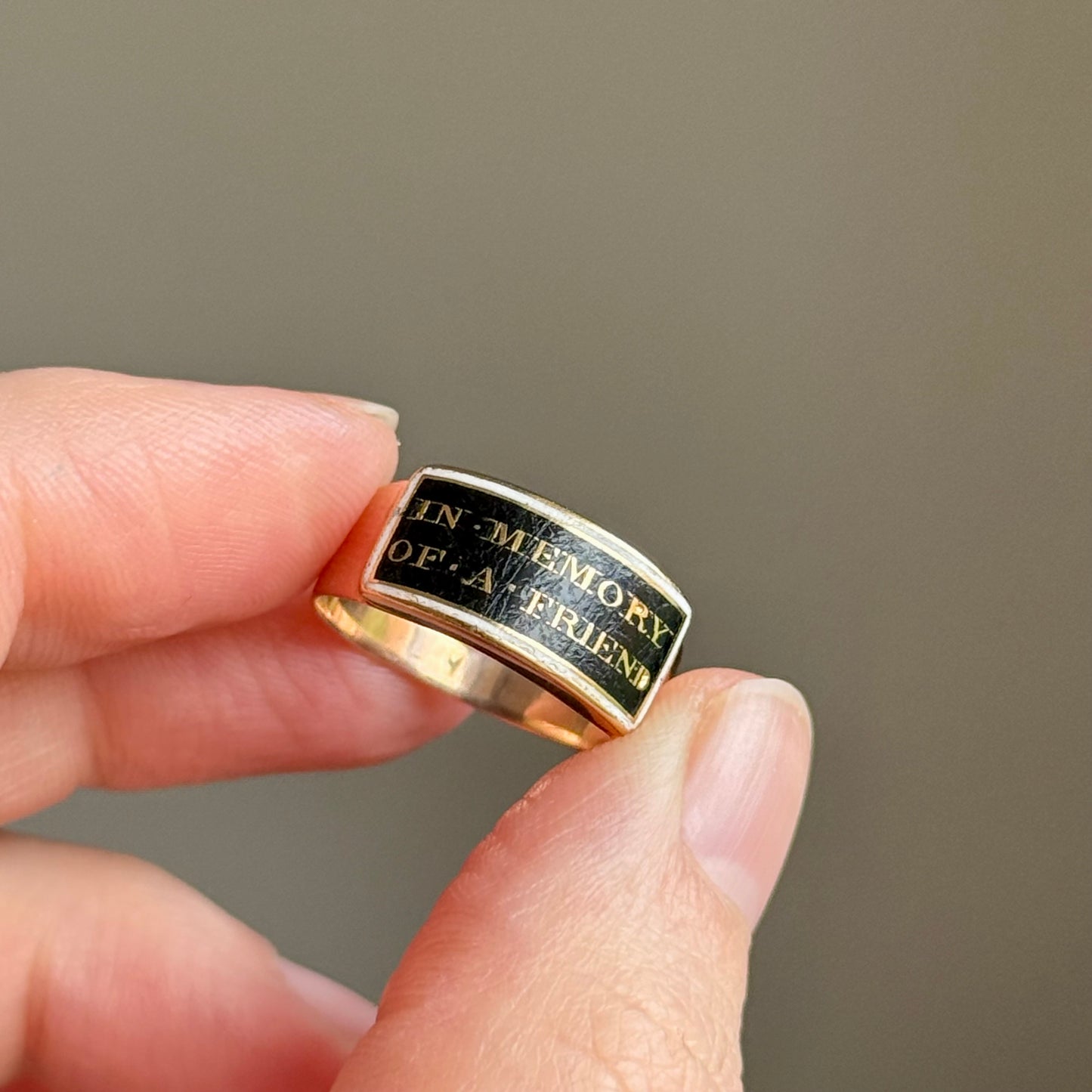 Antique Victorian 'In Memory of a Friend' Mourning Ring in 9 Carat Gold; Circa 1860