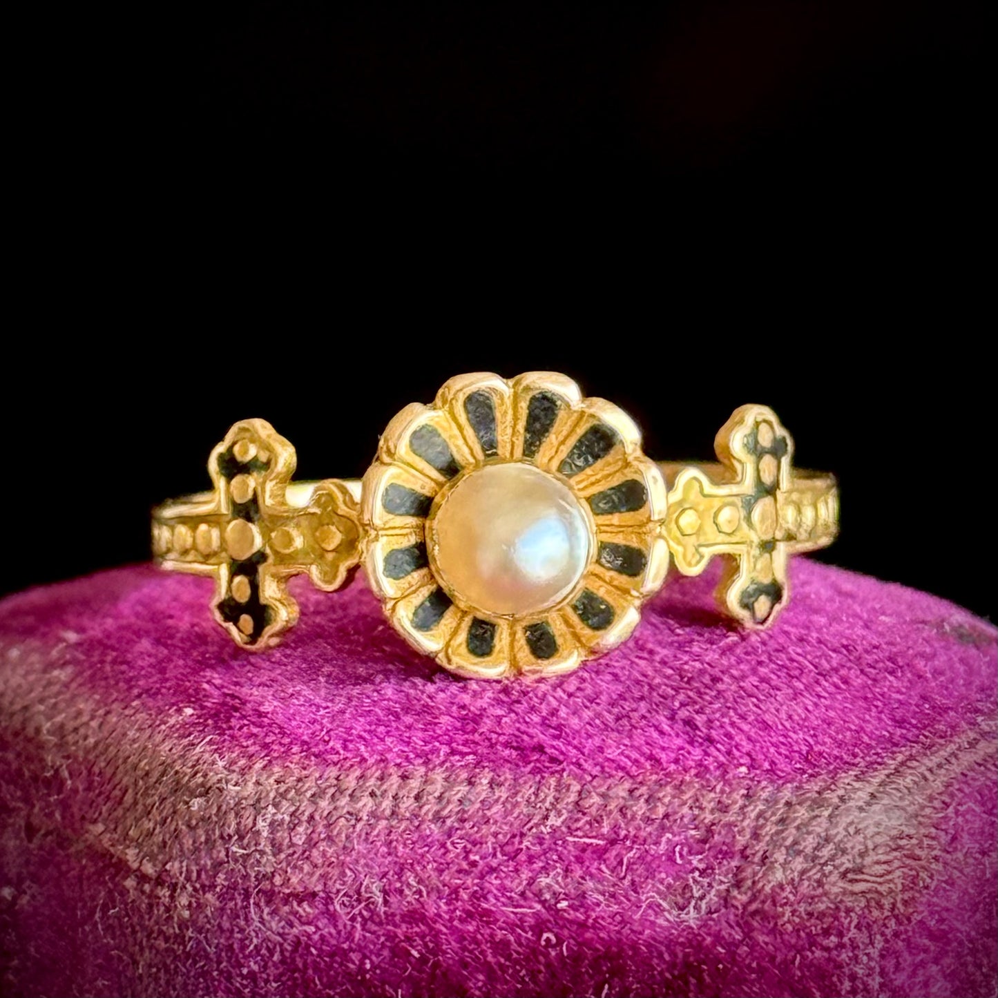 Antique Victorian Pearl & Enamel Ring; Circa 1850