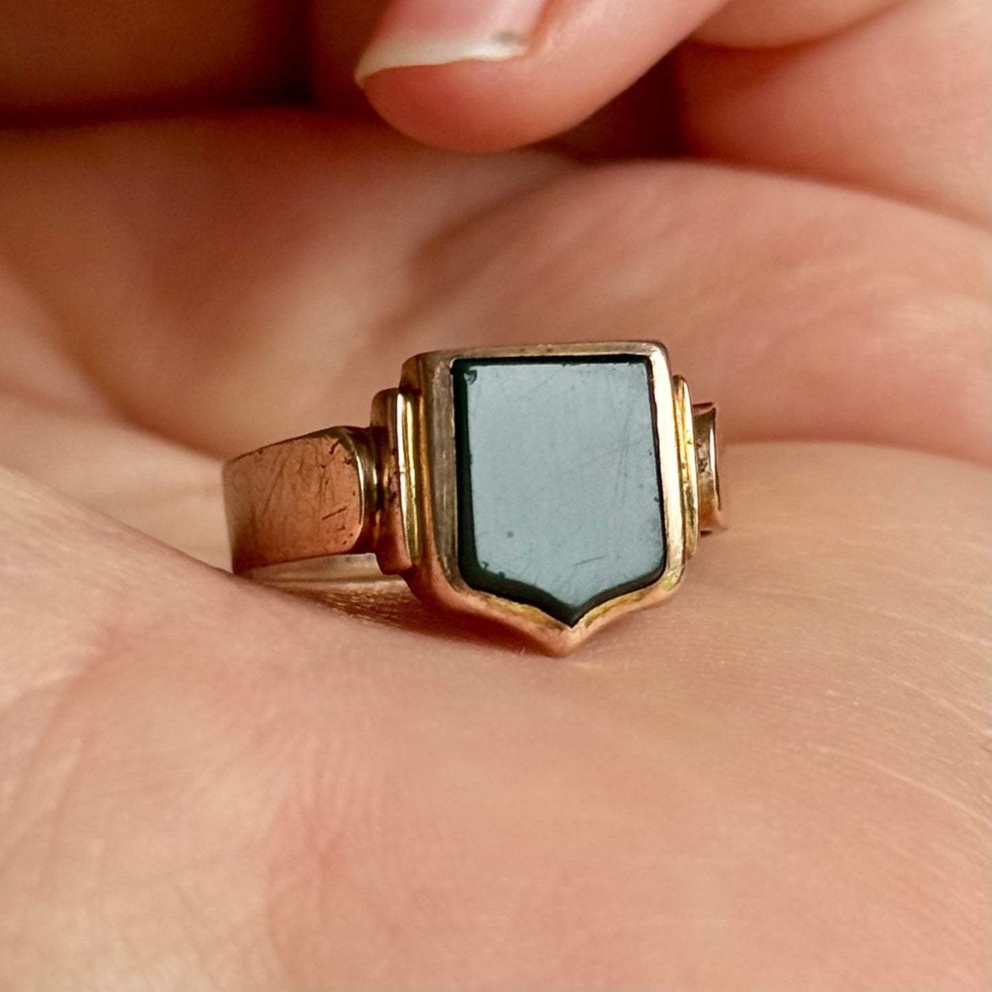 Antique Victorian Bloodstone Signet Ring in 9 Carat Rose Gold; Circa 1899