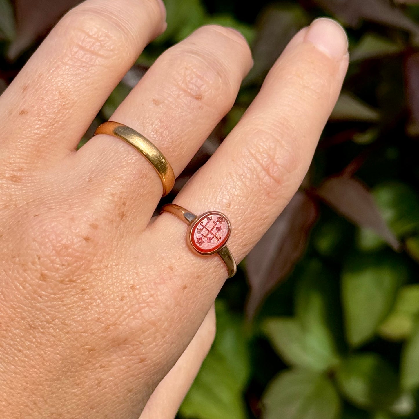 Edwardian Baha’i Ring Stone Ring in 9 Carat Rose Gold; Circa 1900