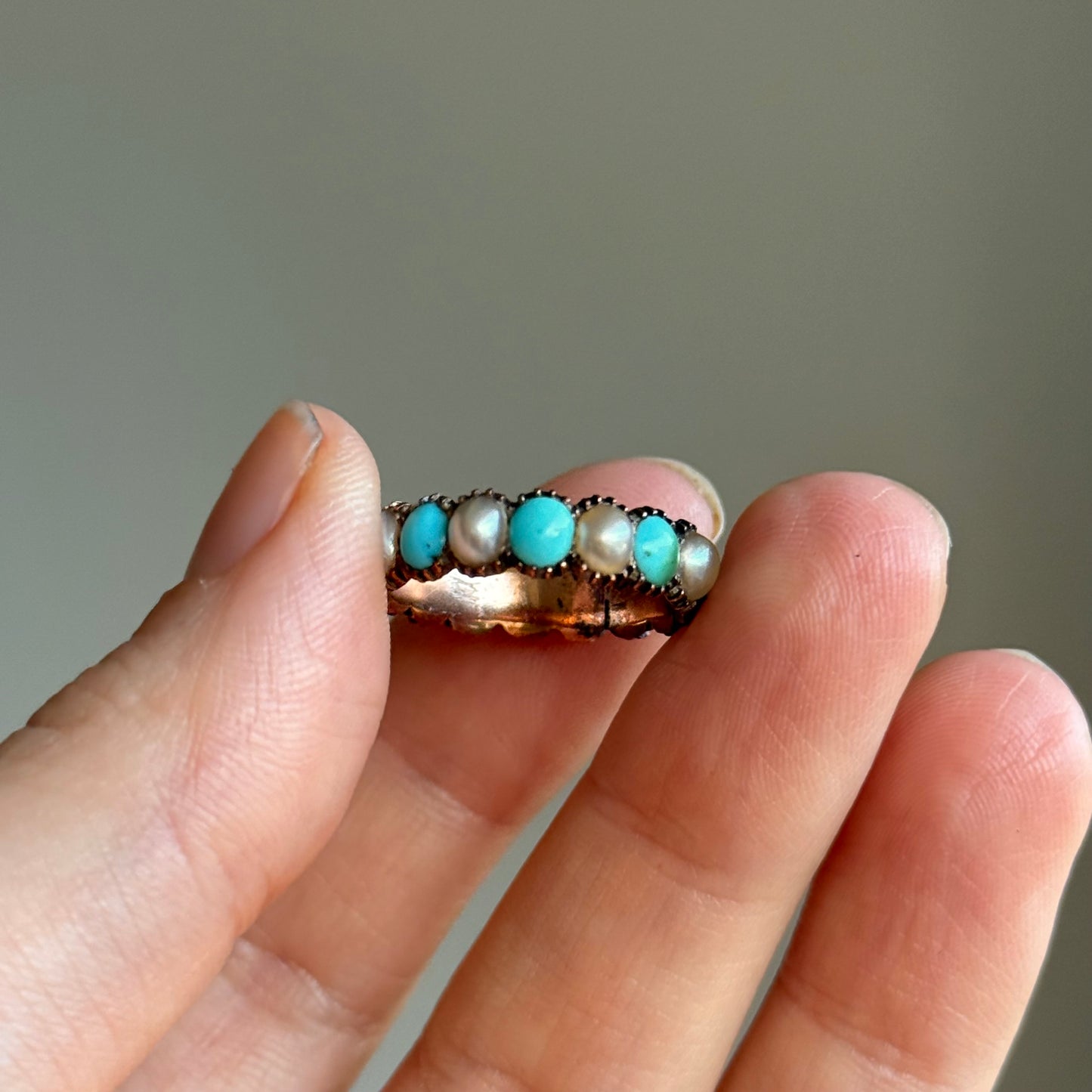 Georgian Rare Turquoise & Pearl Full Eternity in 9 Carat Gold