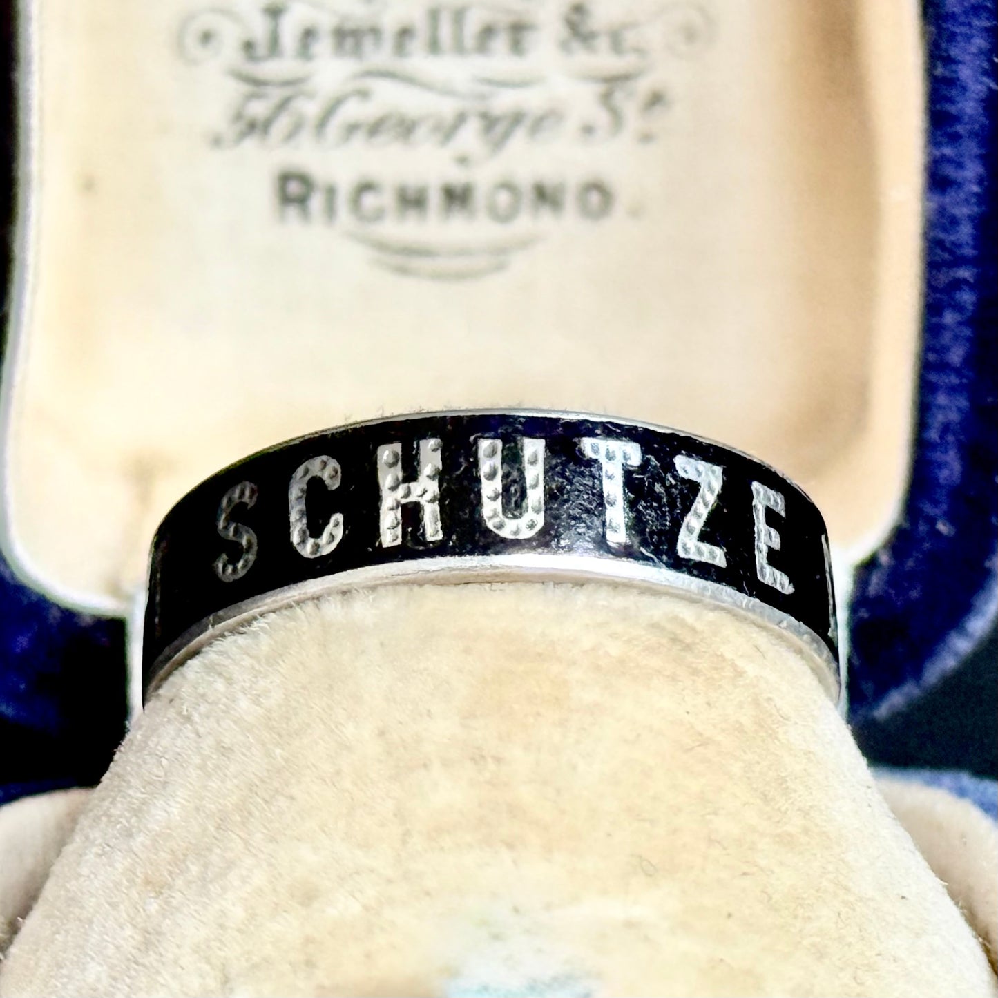 Victorian 'Gott Schütze Dich' Enamel Ring In Silver; Circa 1880