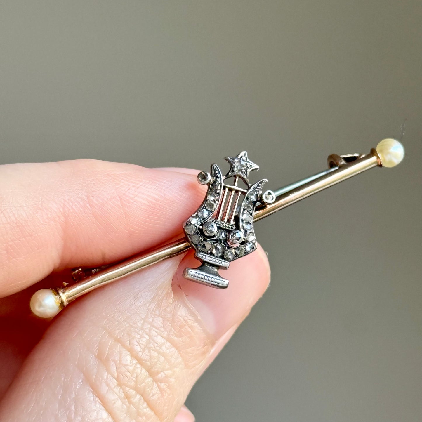 Antique Victorian Diamond & Pearl Lyre Brooch