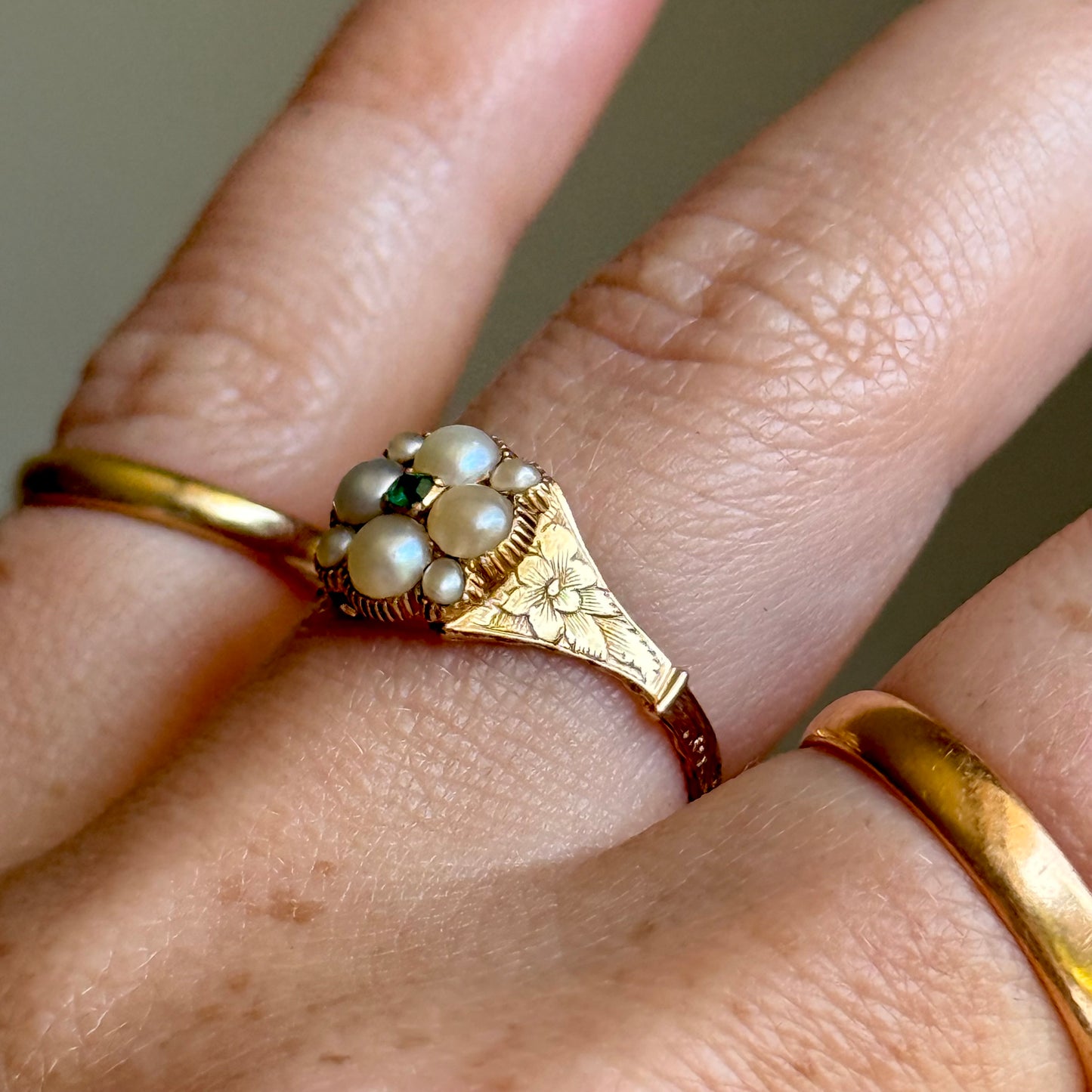 Georgian Emerald & Pearl Floral Ring in 18 Carat Gold