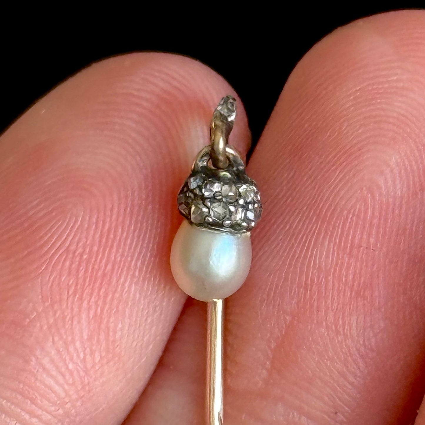 Antique Victorian Pearl & Diamond Acorn Pin; Circa 1860