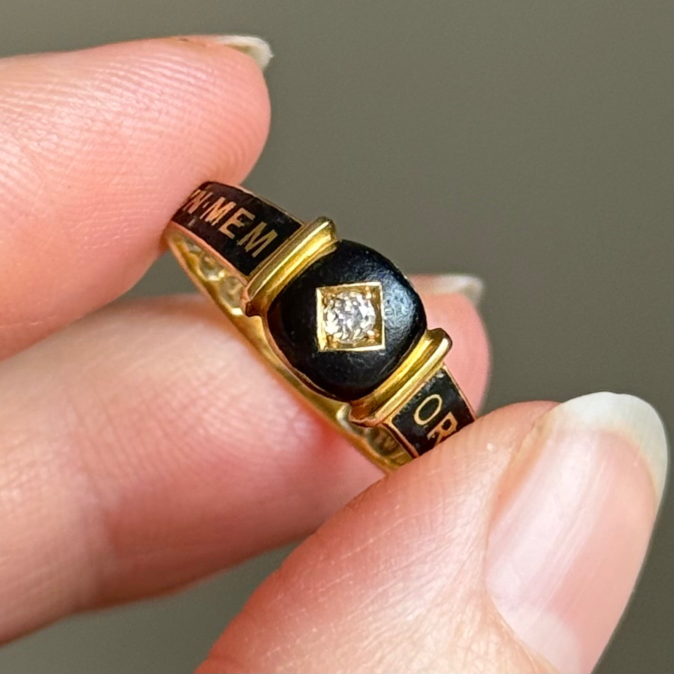 Antique Victorian Diamond Enamel Mourning Ring in 18 Carat Gold; Circa 1894