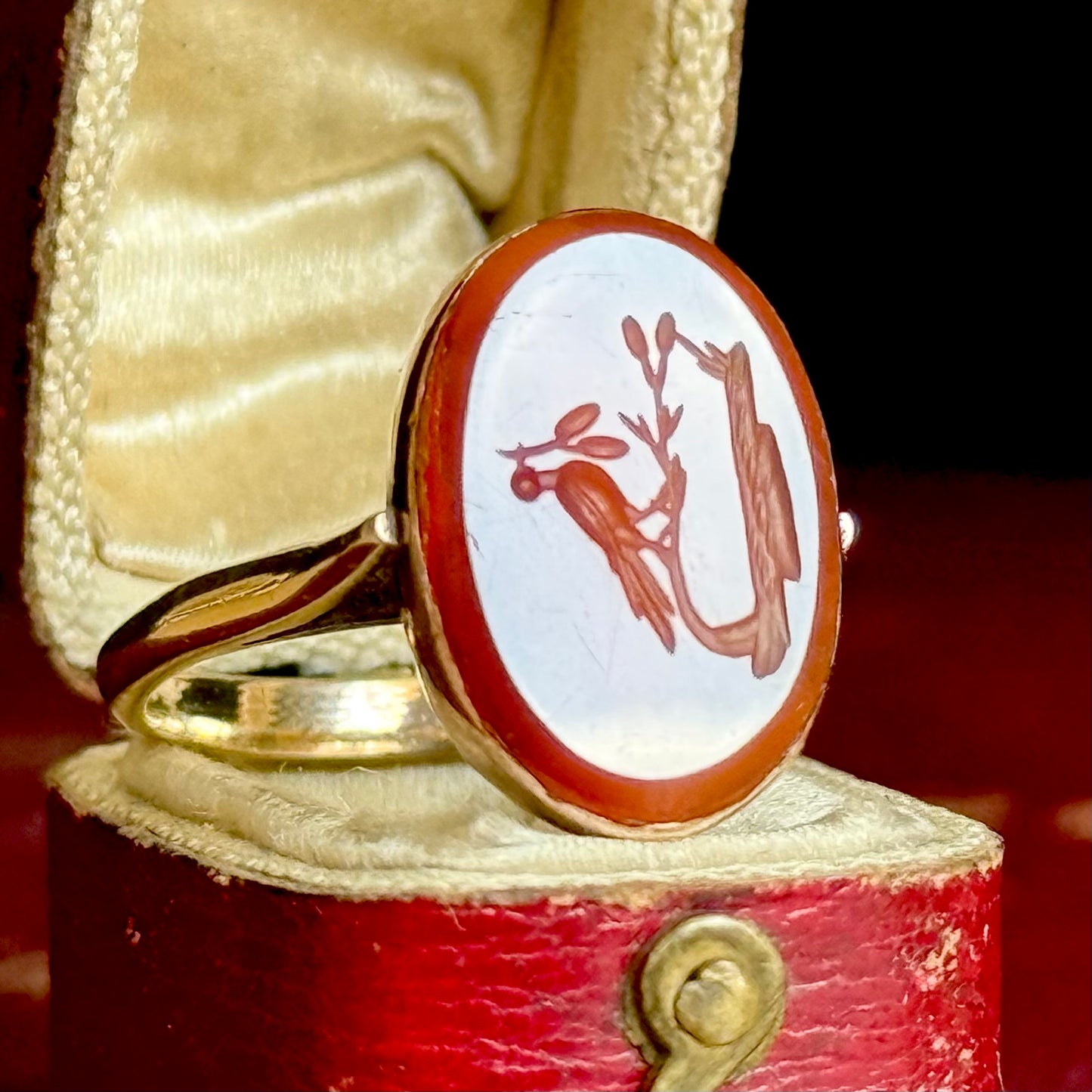 Antique Bird Intaglio Carnelian Ring; Circa 1860