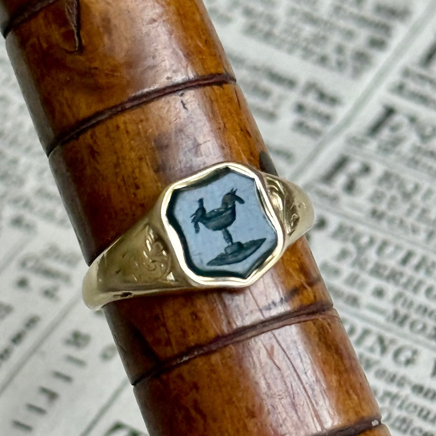 Antique Love Bird Intaglio Signet Ring in 9 Carat Gold; Circa 1860