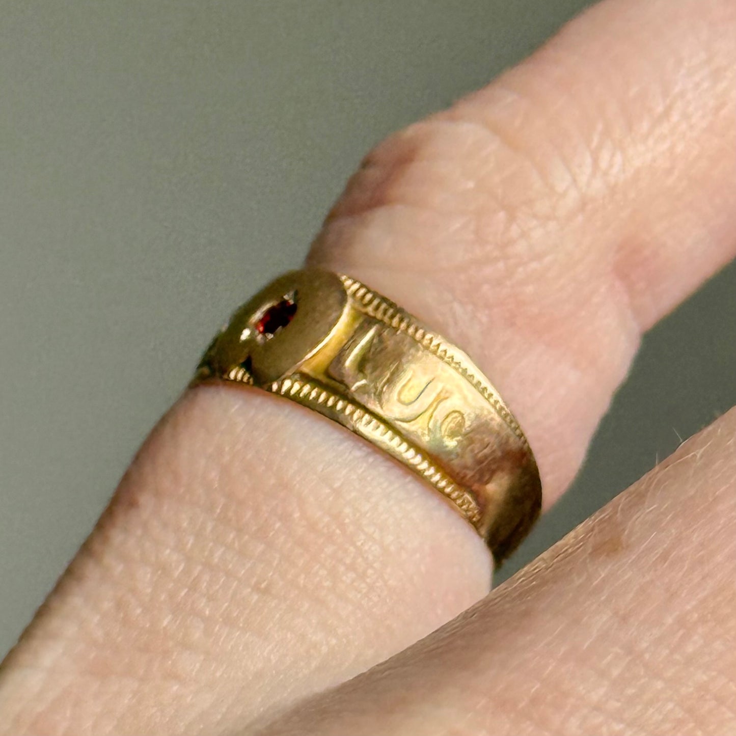 Antique Victorian Good Luck Garnet Ring in 18 Carat Gold; Circa 1855