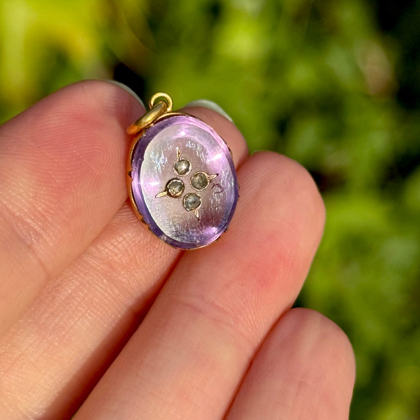Victorian Amethyst Pendant with Floating Rose Cut Diamonds; Circa 1880