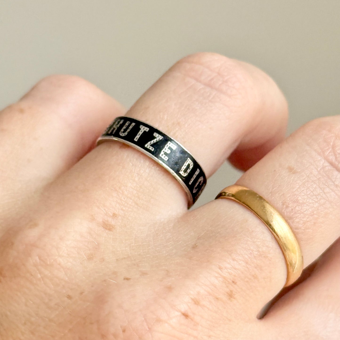 Victorian 'Gott Schütze Dich' Enamel Ring In Silver; Circa 1880